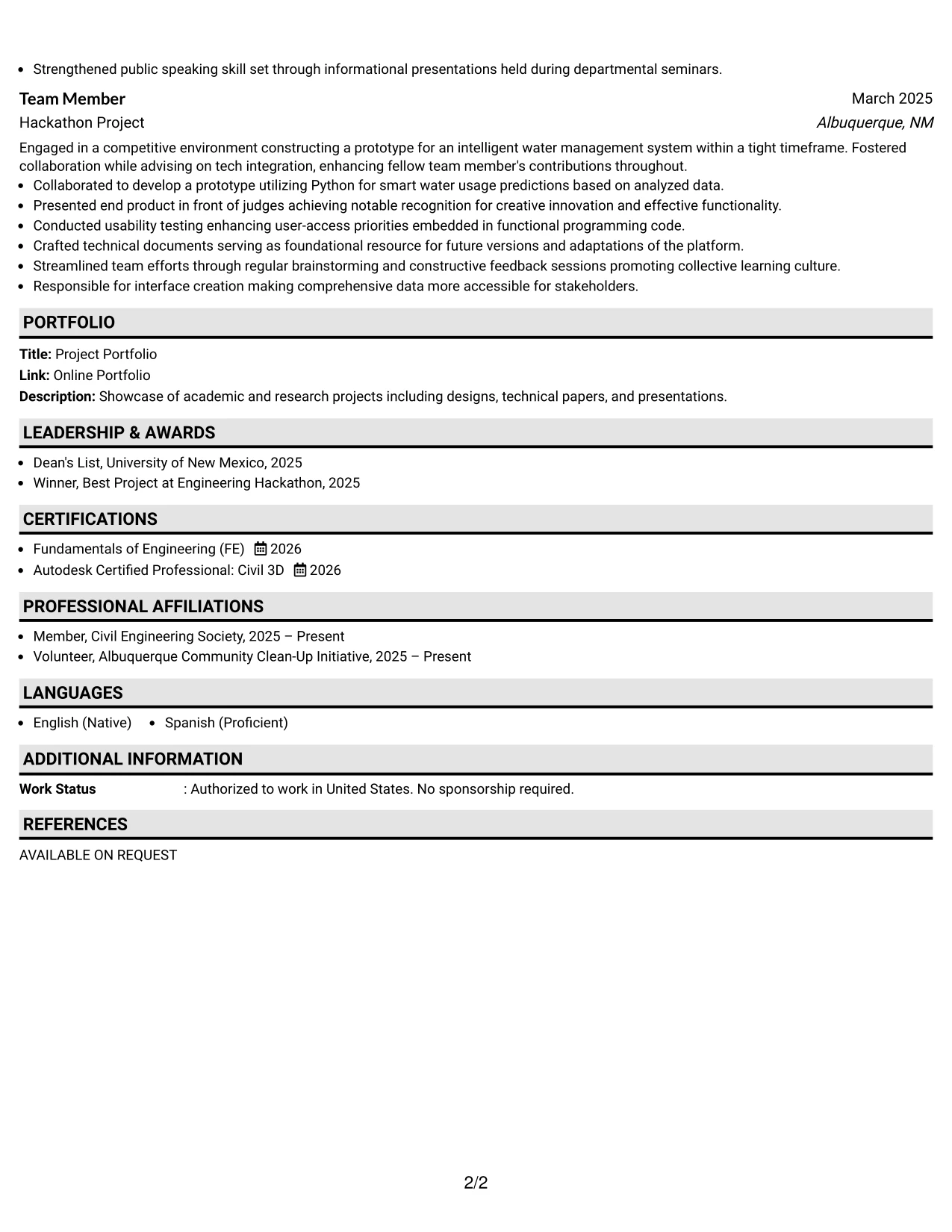 Resume Example Page 2