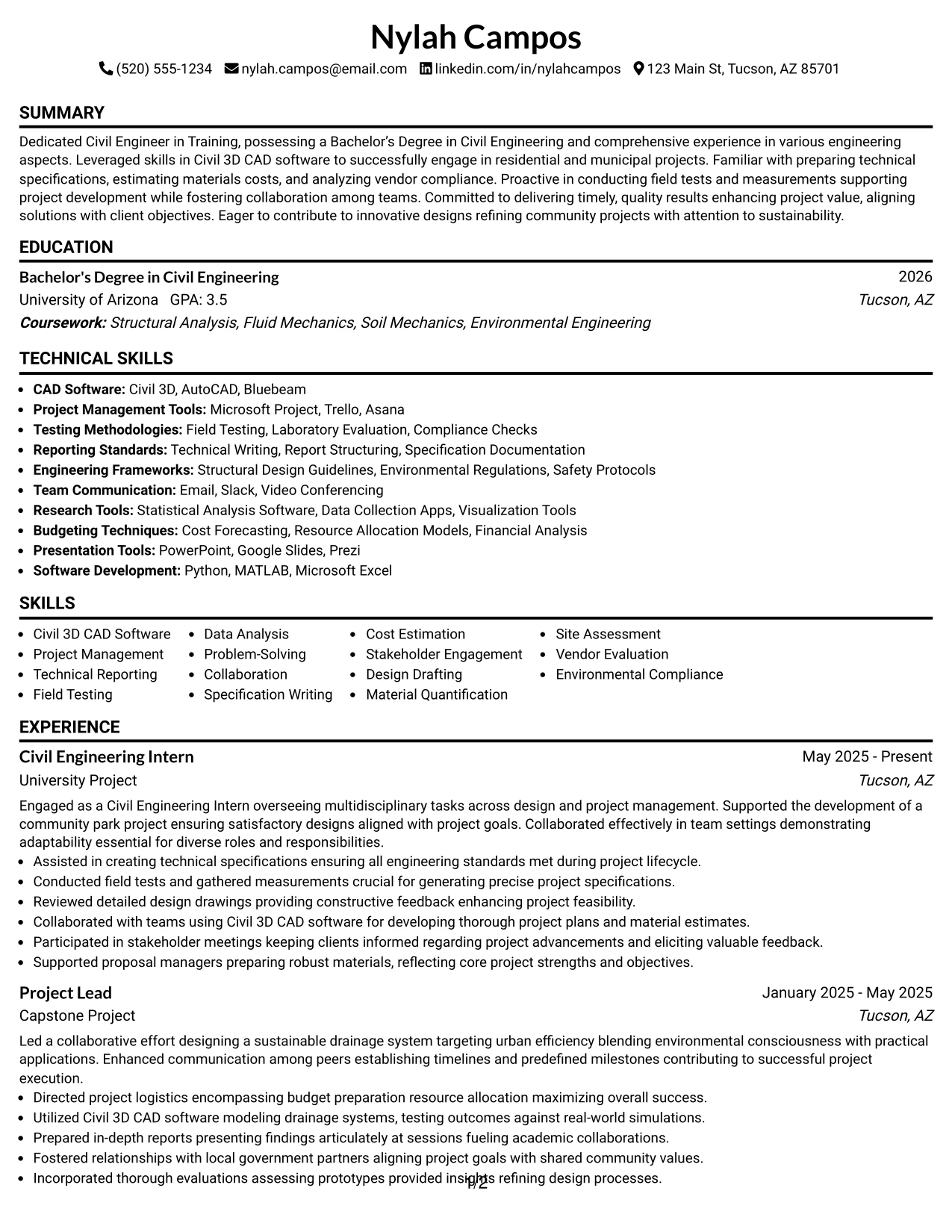 Resume Example Page 1