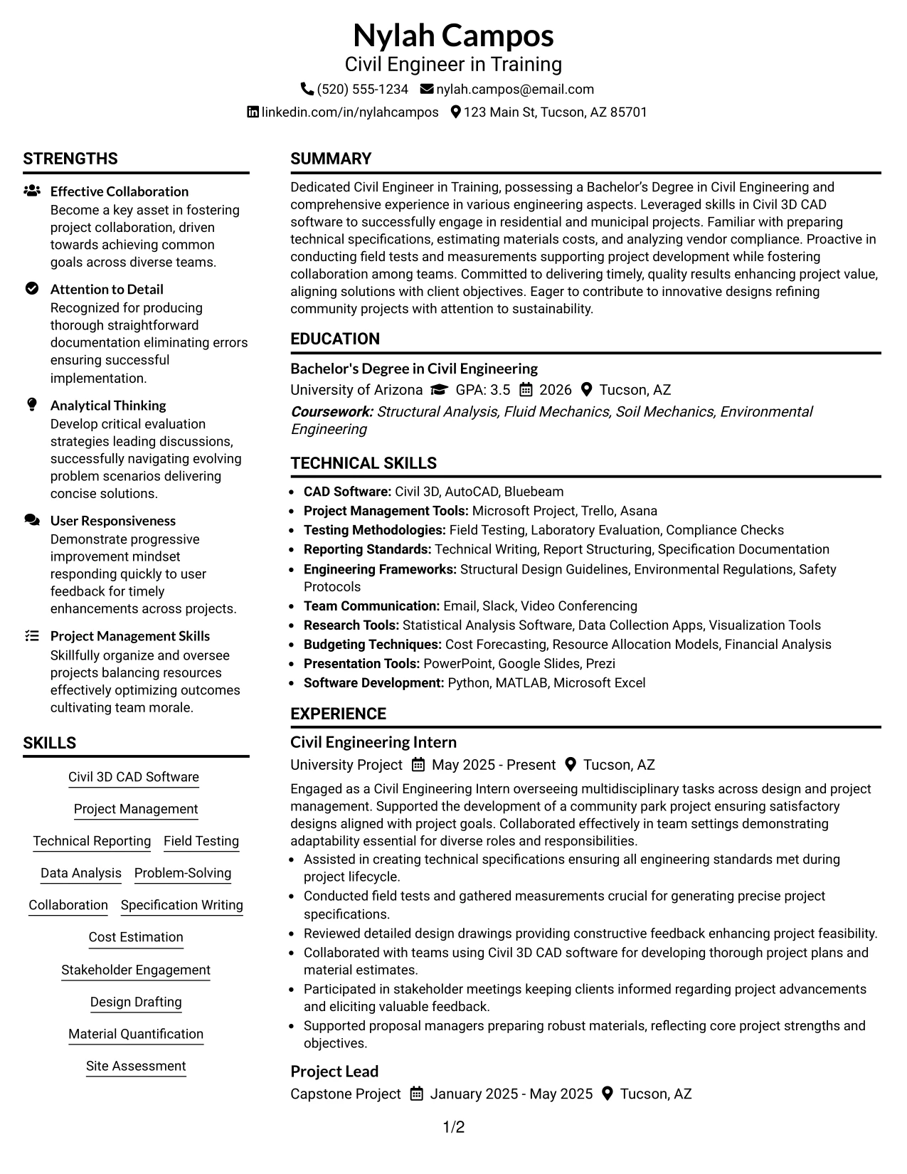 Resume Example Page 1