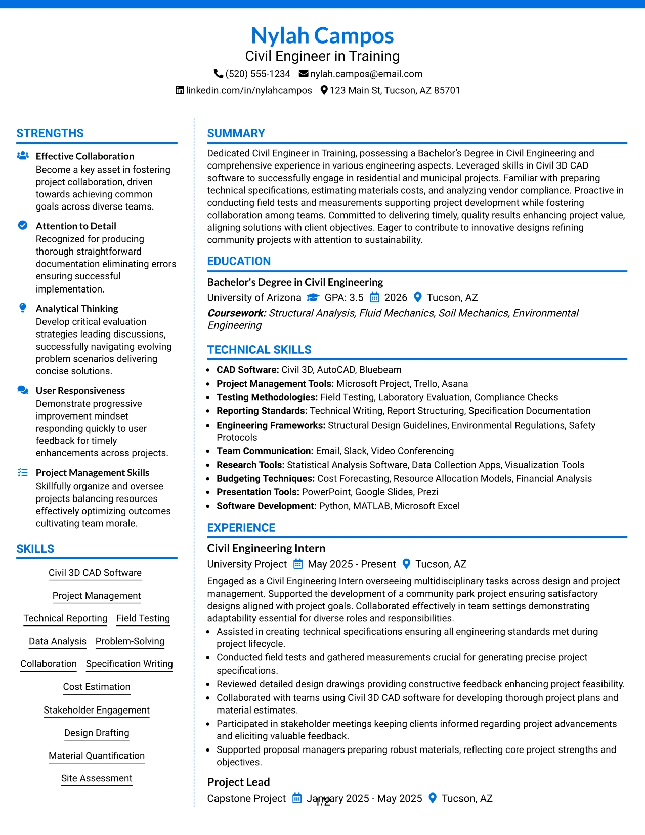 Resume Example Page 1