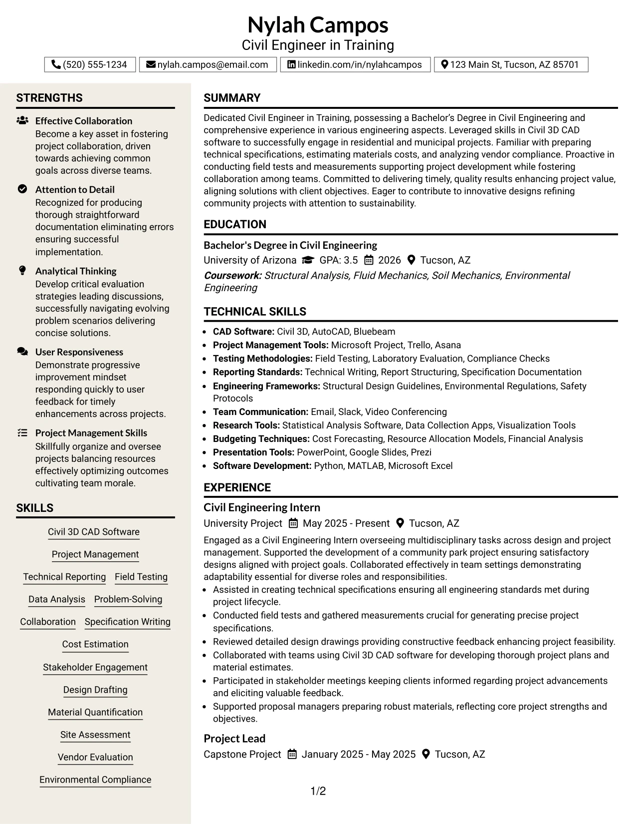 Resume Example Page 1