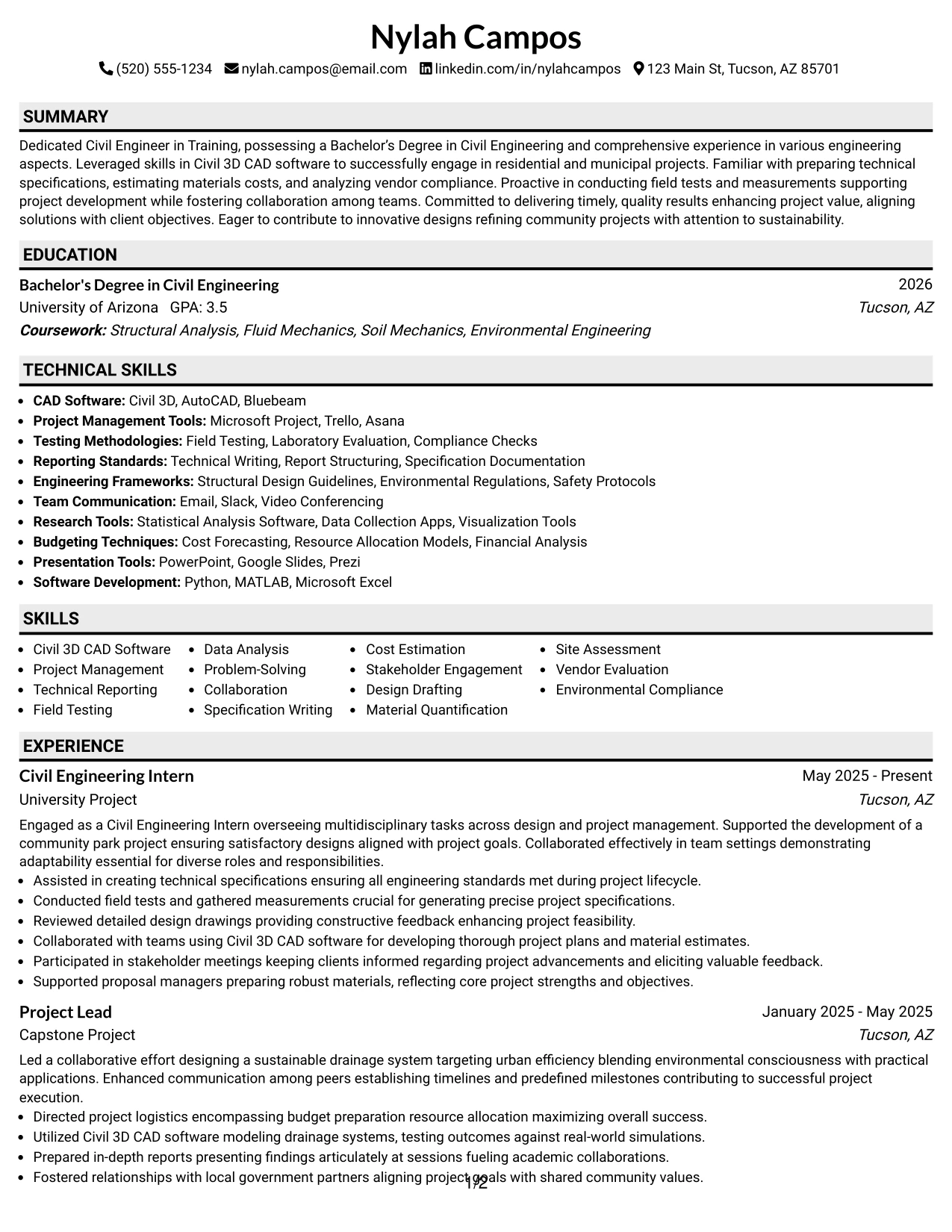 Resume Example Page 1