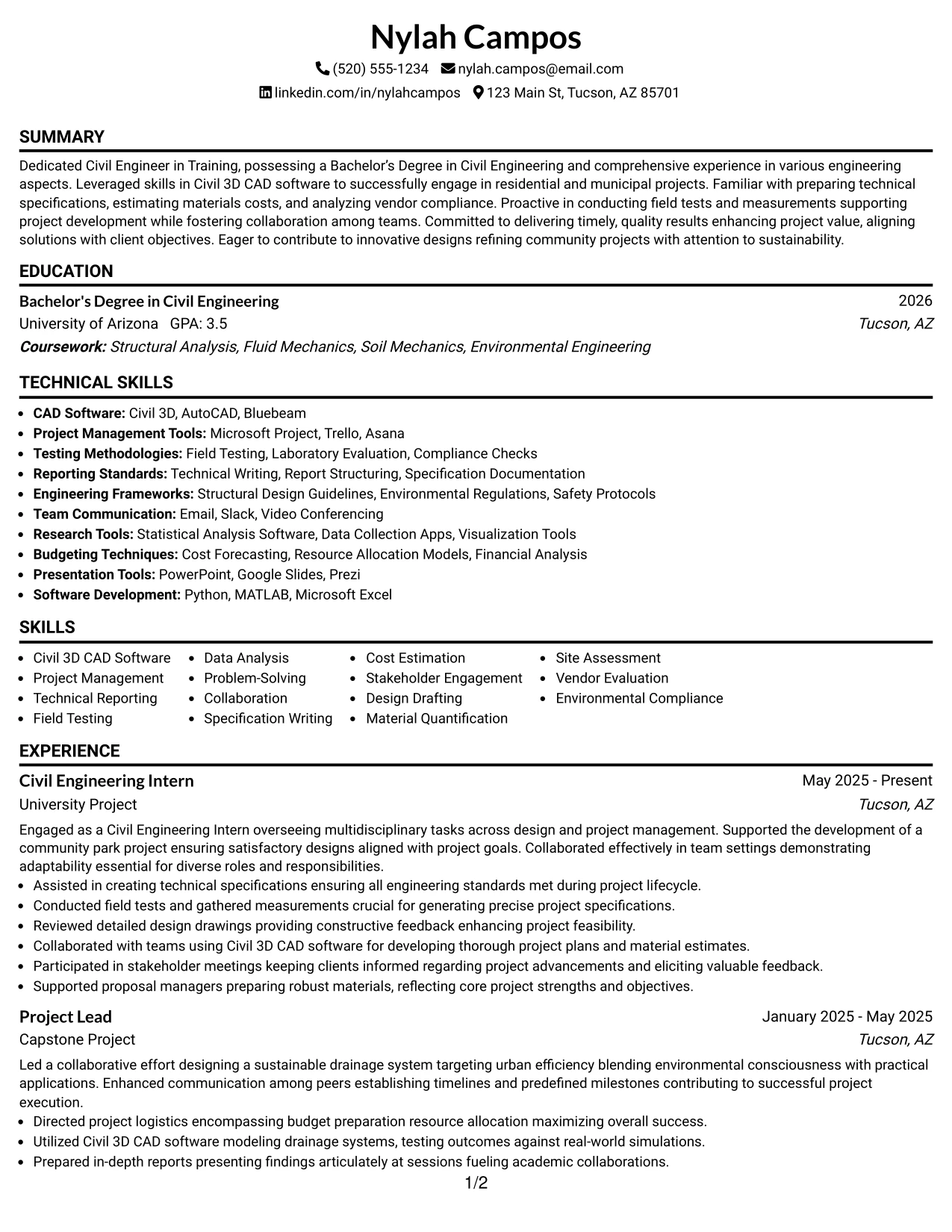 Resume Example Page 1
