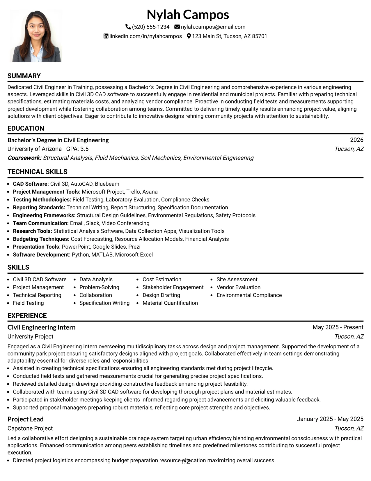 Resume Example Page 1