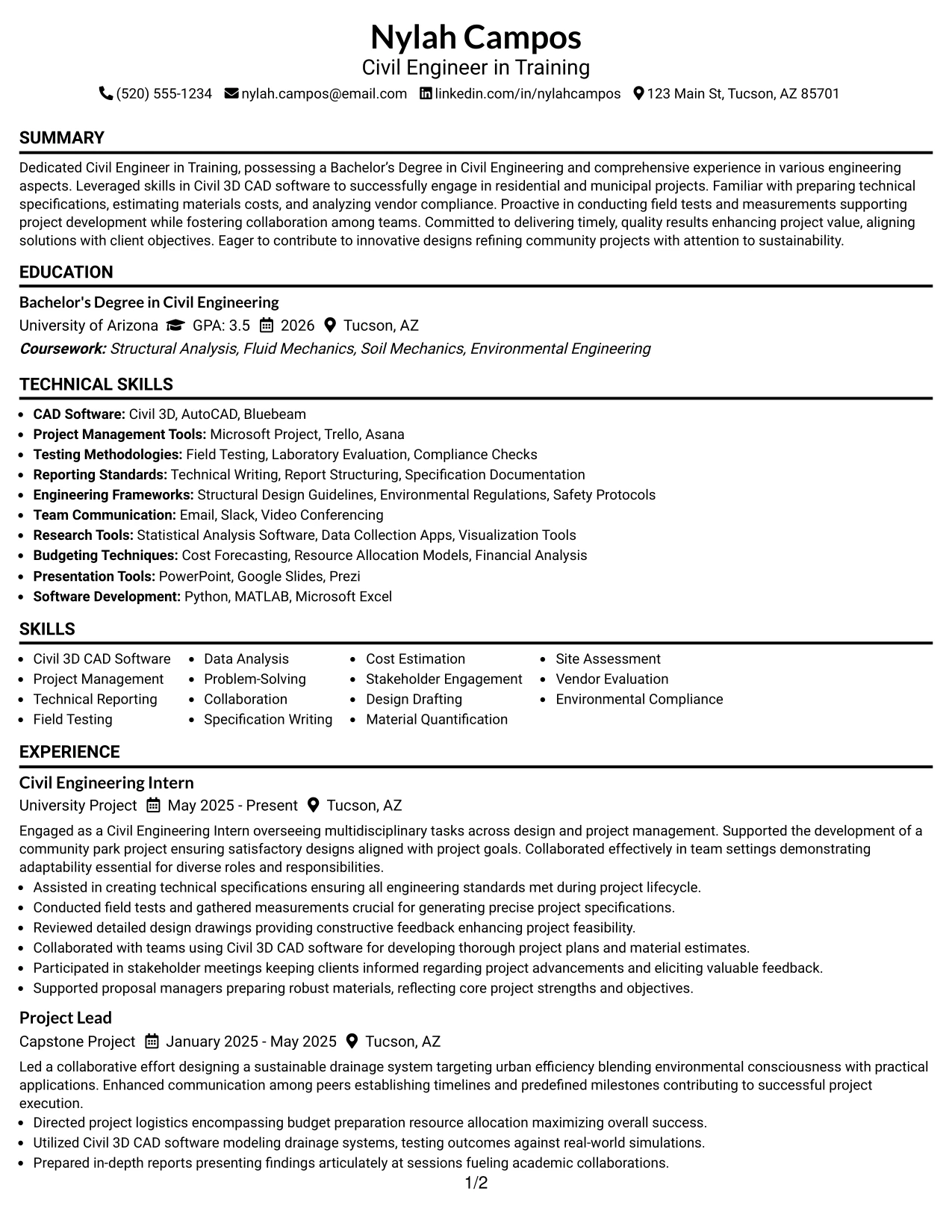 Resume Example Page 1