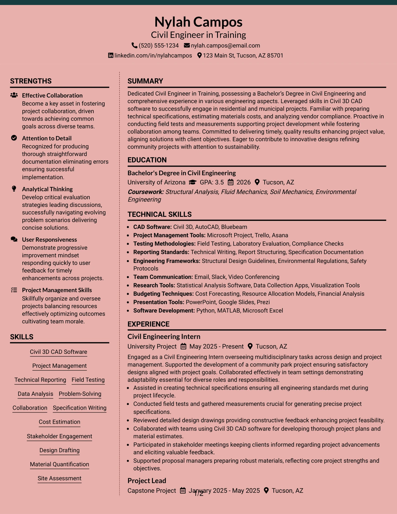 Resume Example Page 1