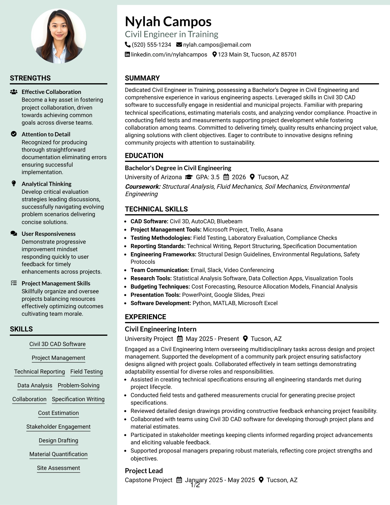 Resume Example Page 1