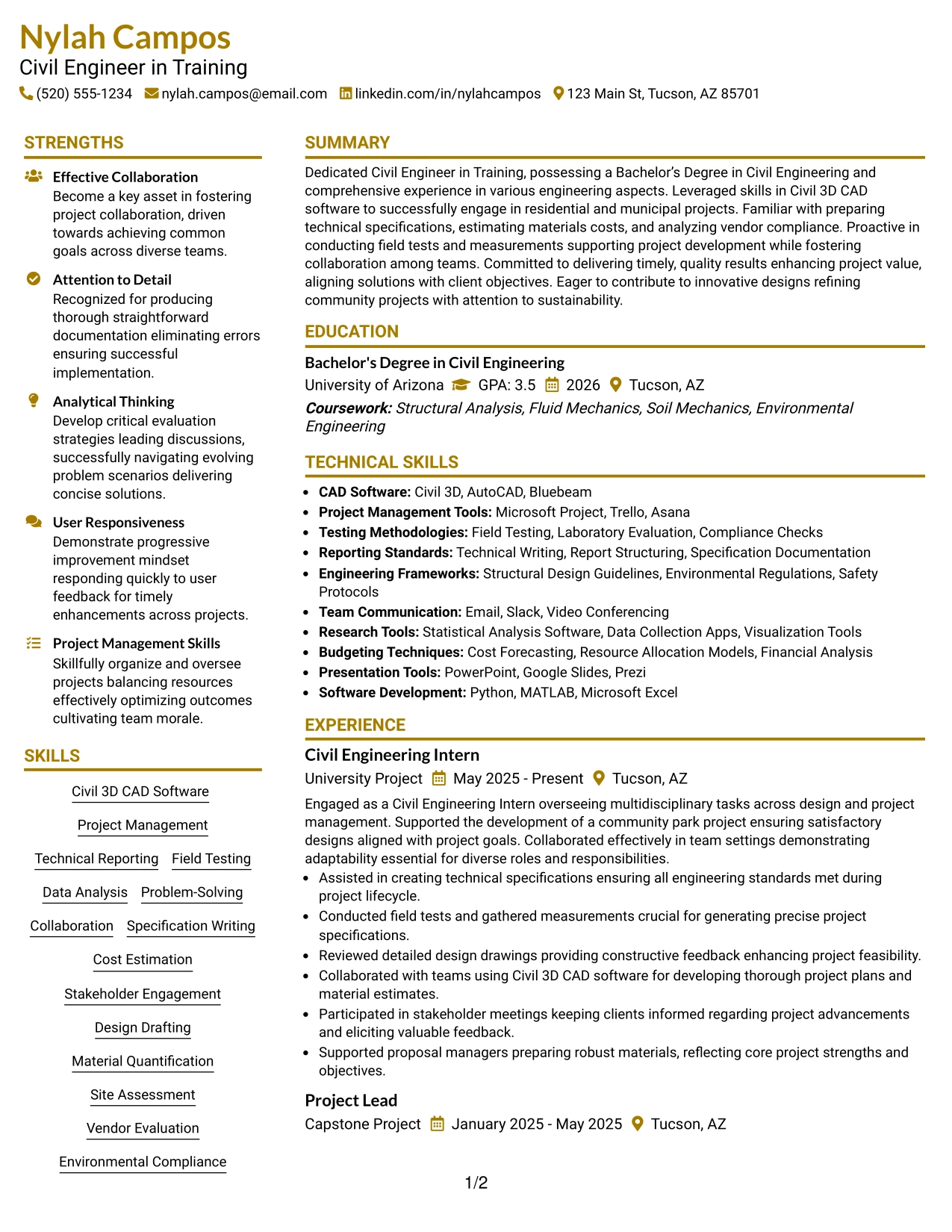 Resume Example Page 1