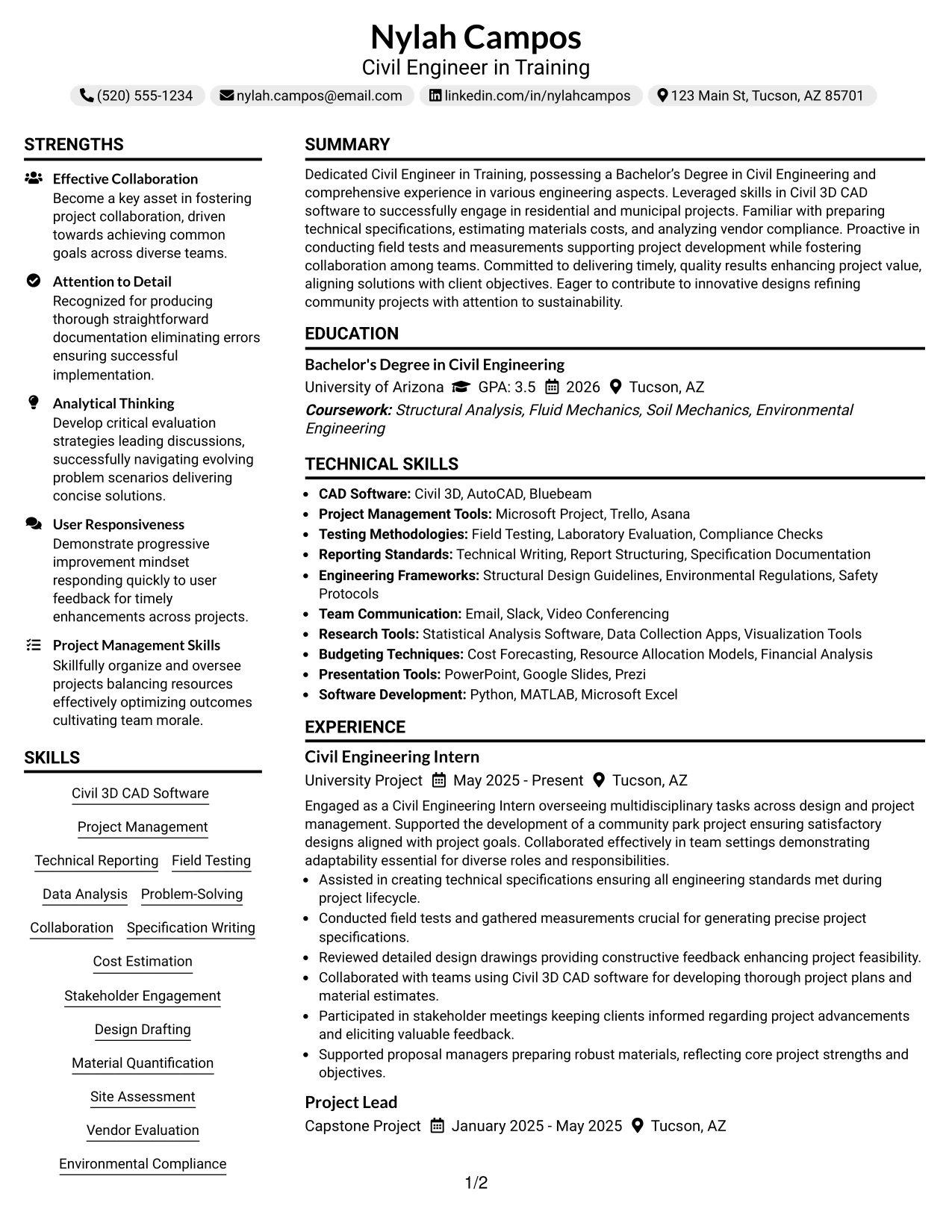 Resume Example Page 1