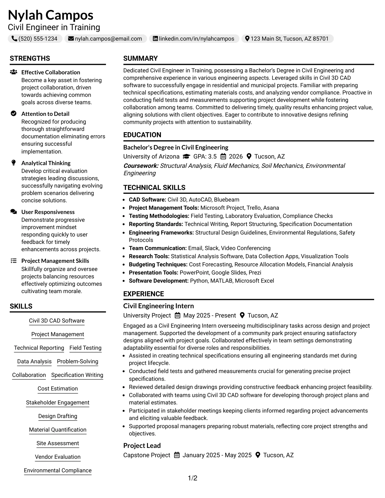 Resume Example Page 1