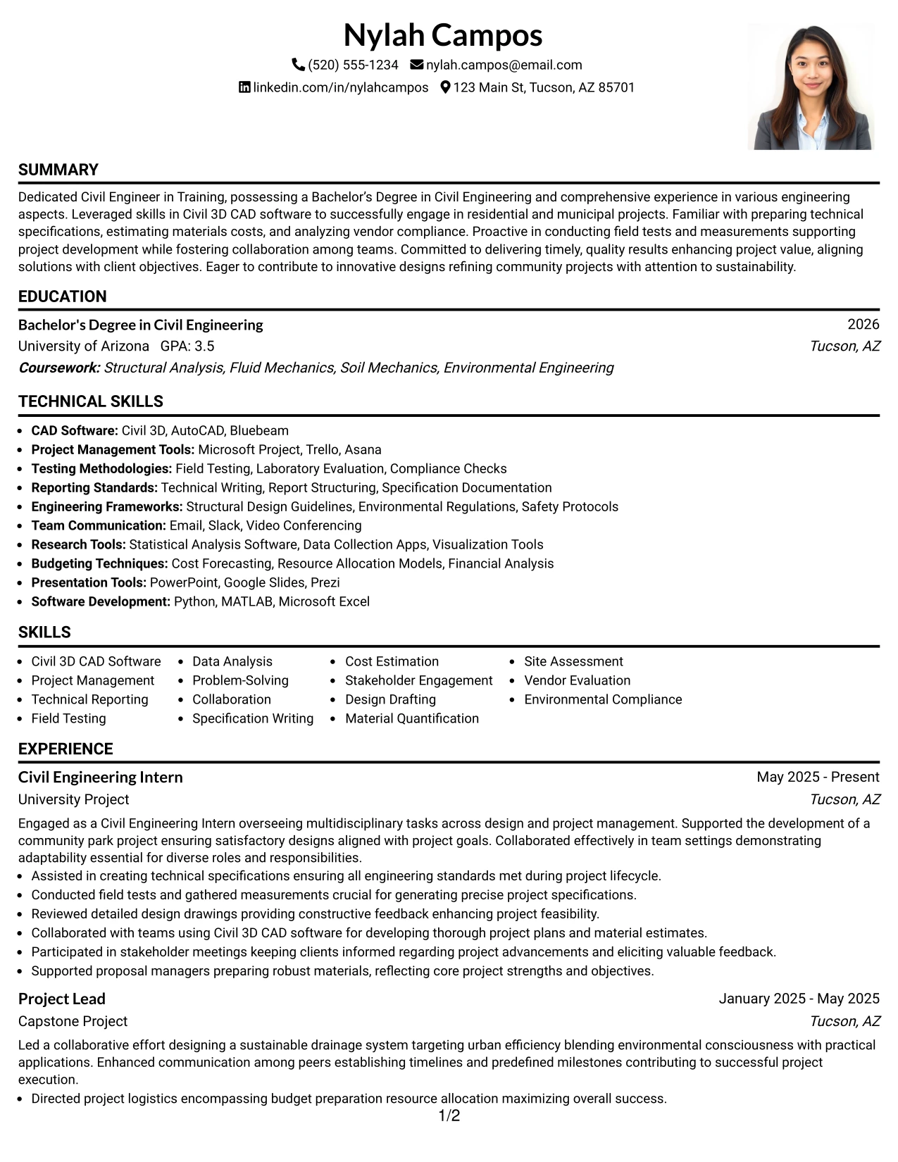 Resume Example Page 1