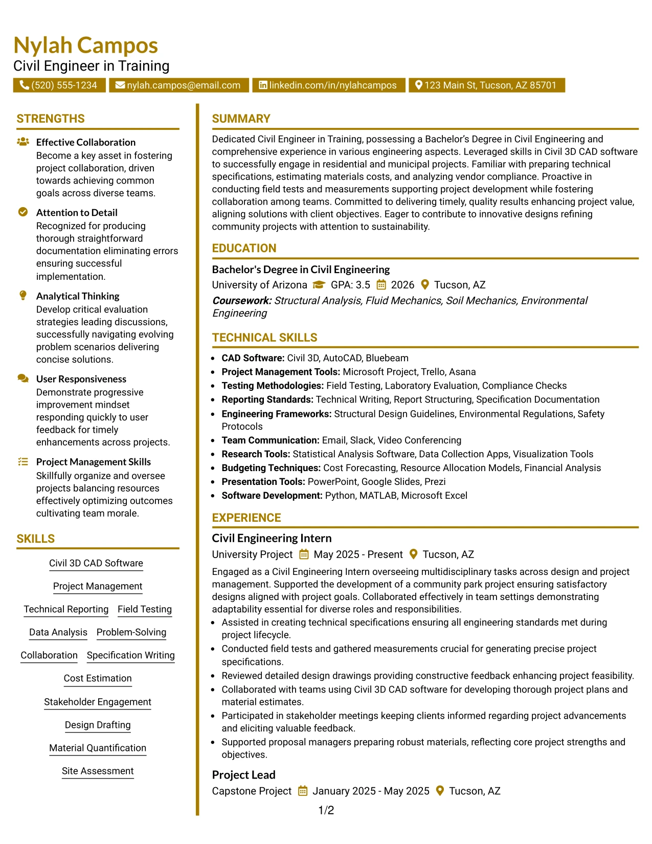 Resume Example Page 1