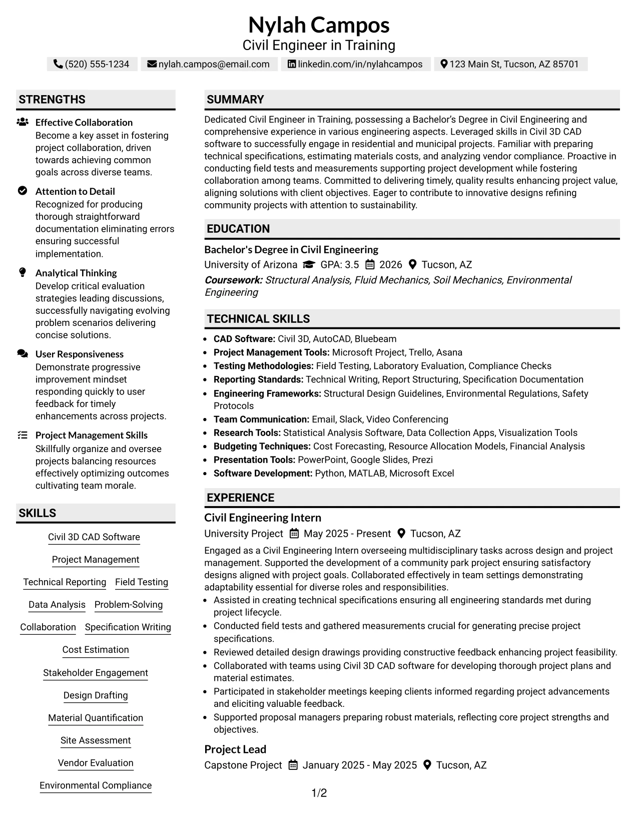 Resume Example Page 1