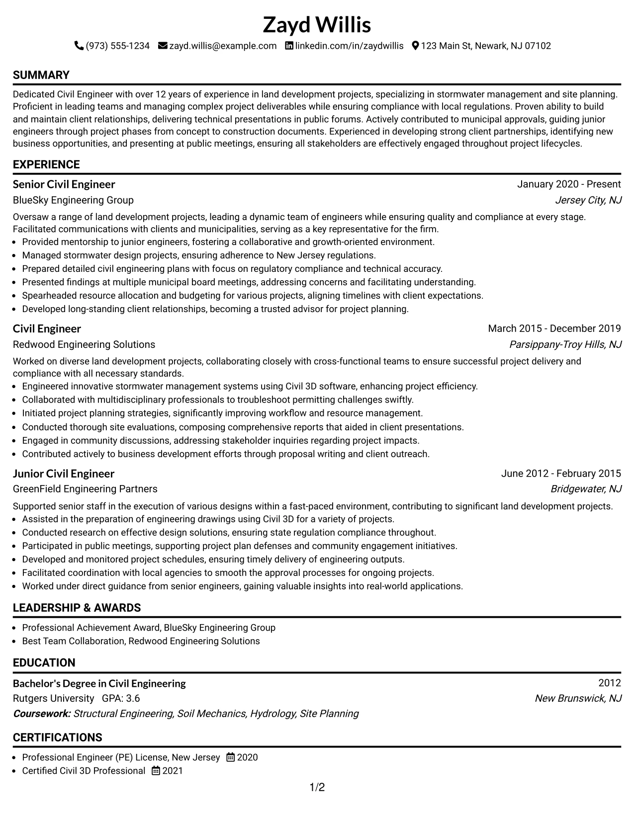Resume Example Page 1