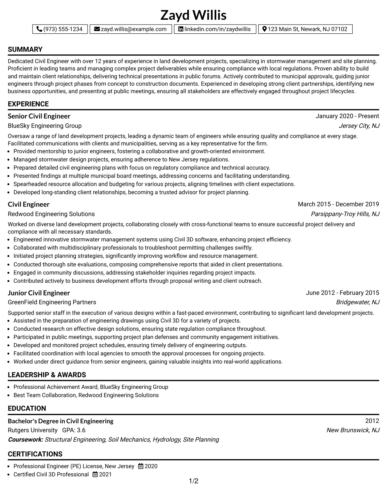 Resume Example Page 1