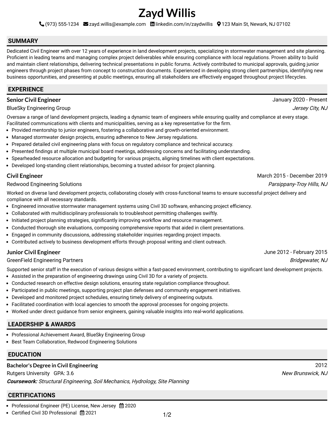 Resume Example Page 1