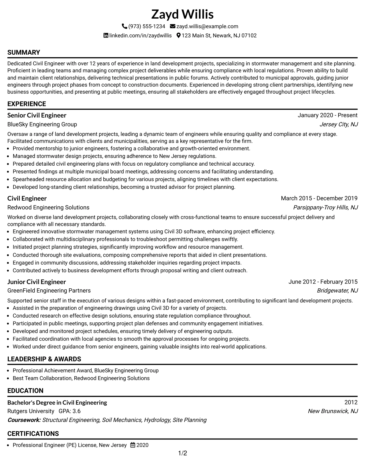 Resume Example Page 1