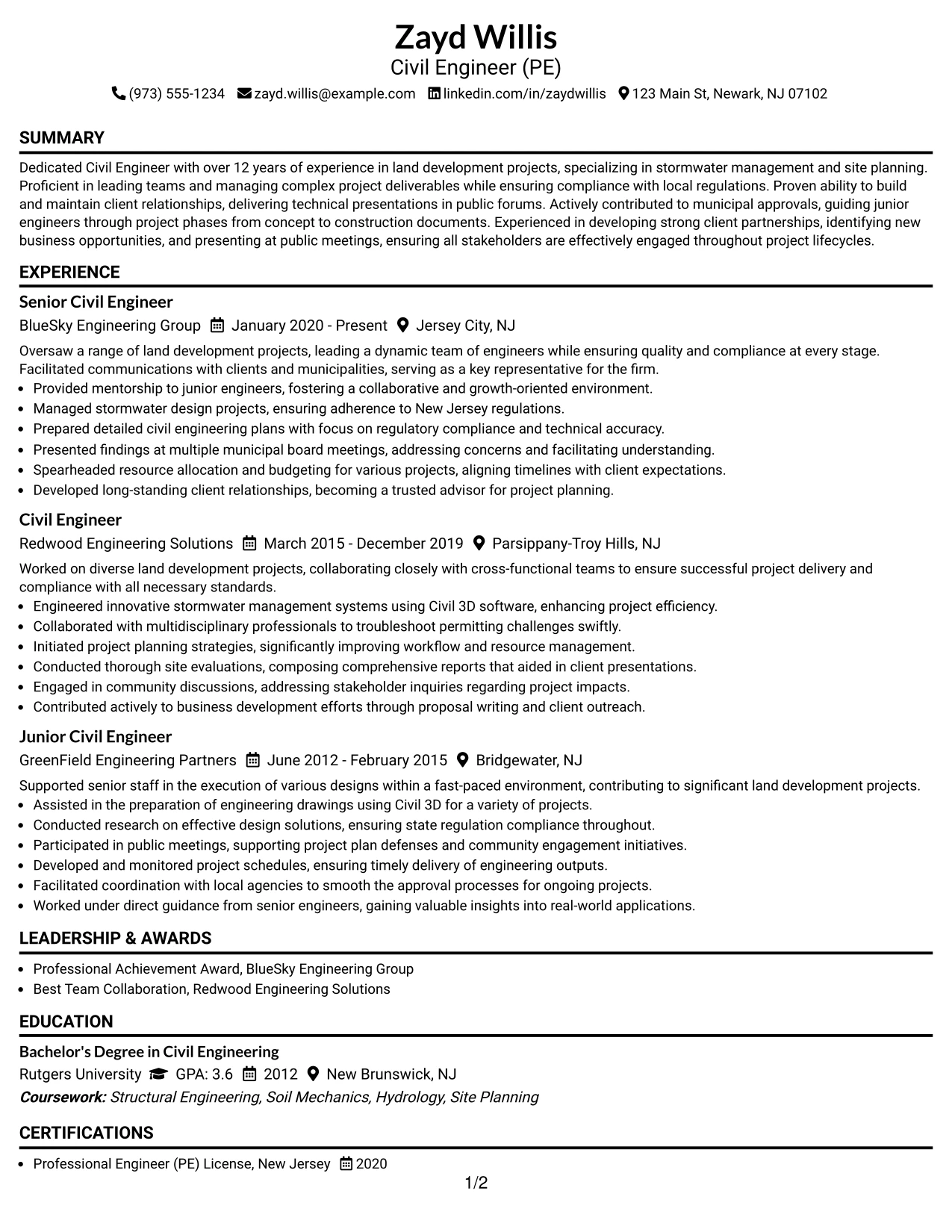 Resume Example Page 1