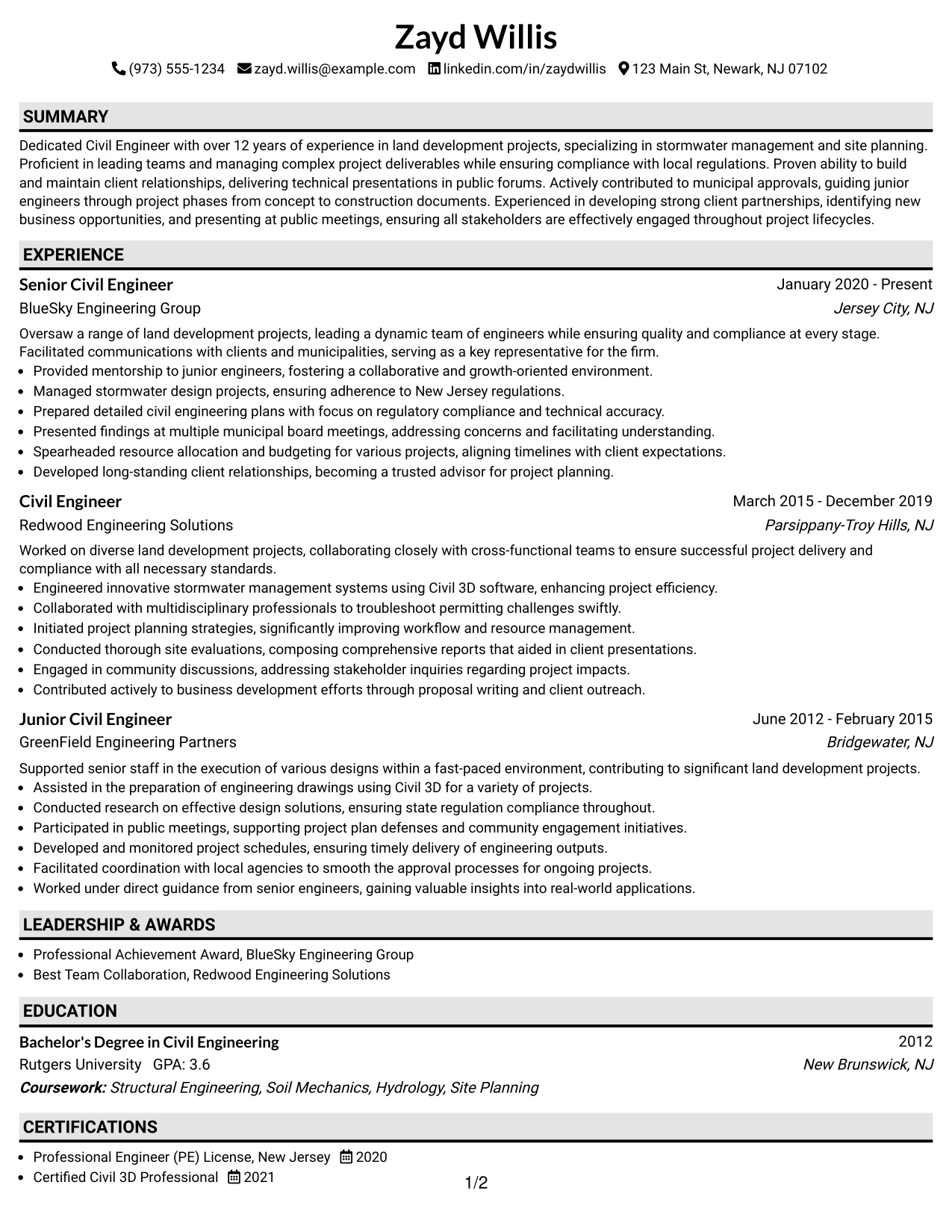 Resume Example Page 1