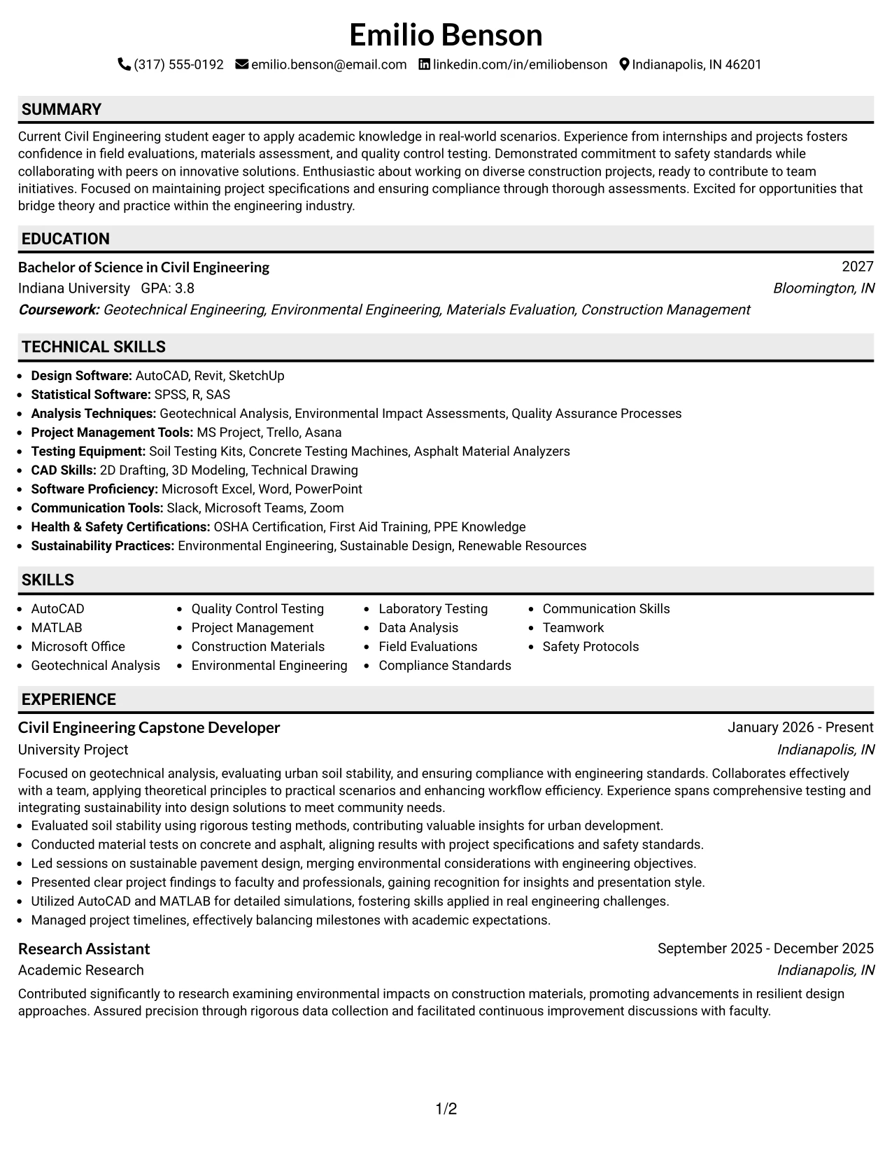 Resume Example Page 1