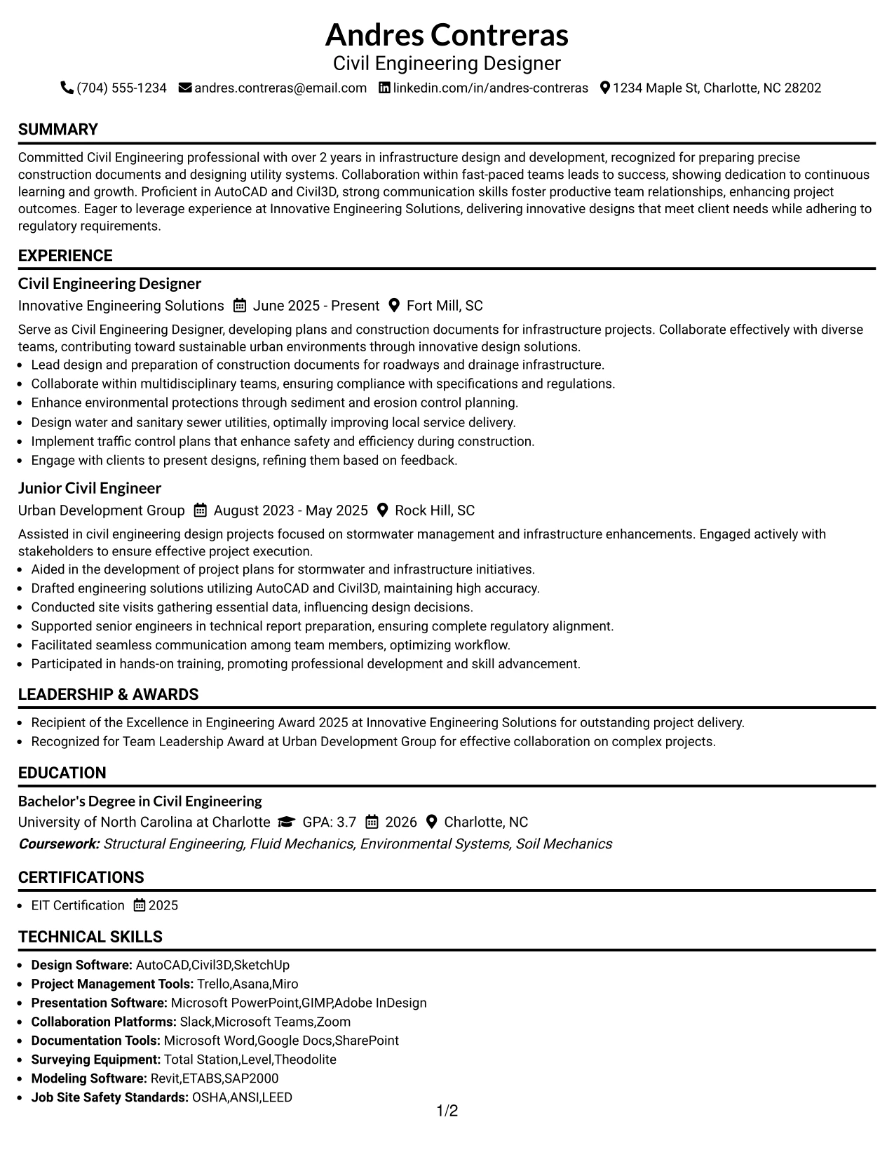 Resume Example Page 1