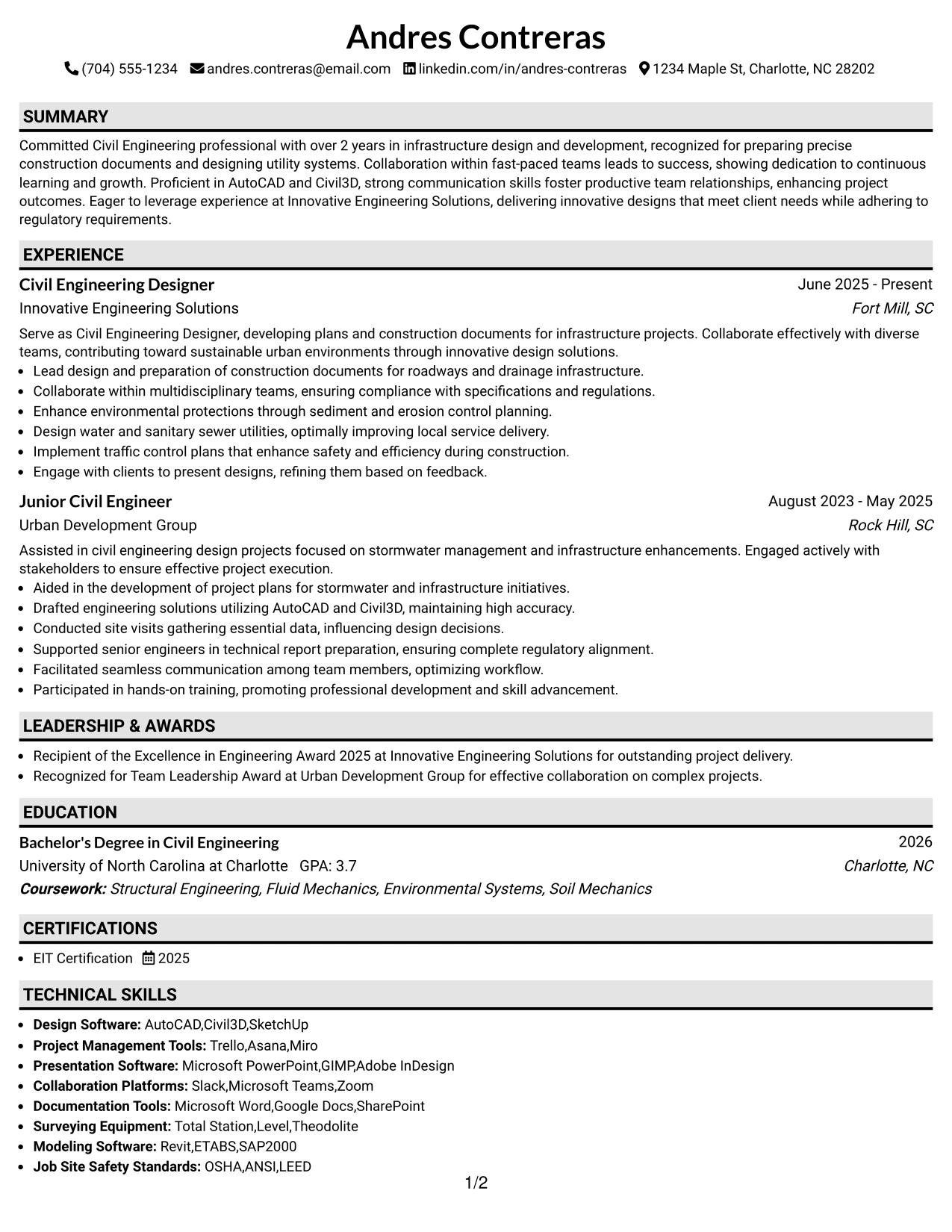 Resume Example Page 1
