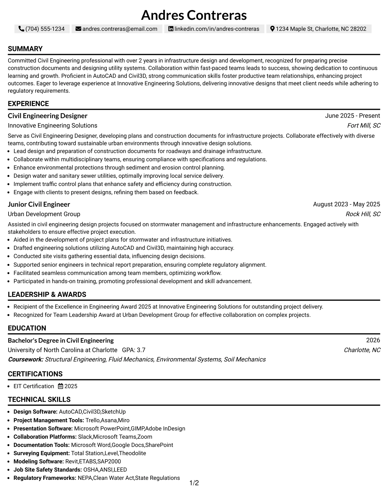 Resume Example Page 1
