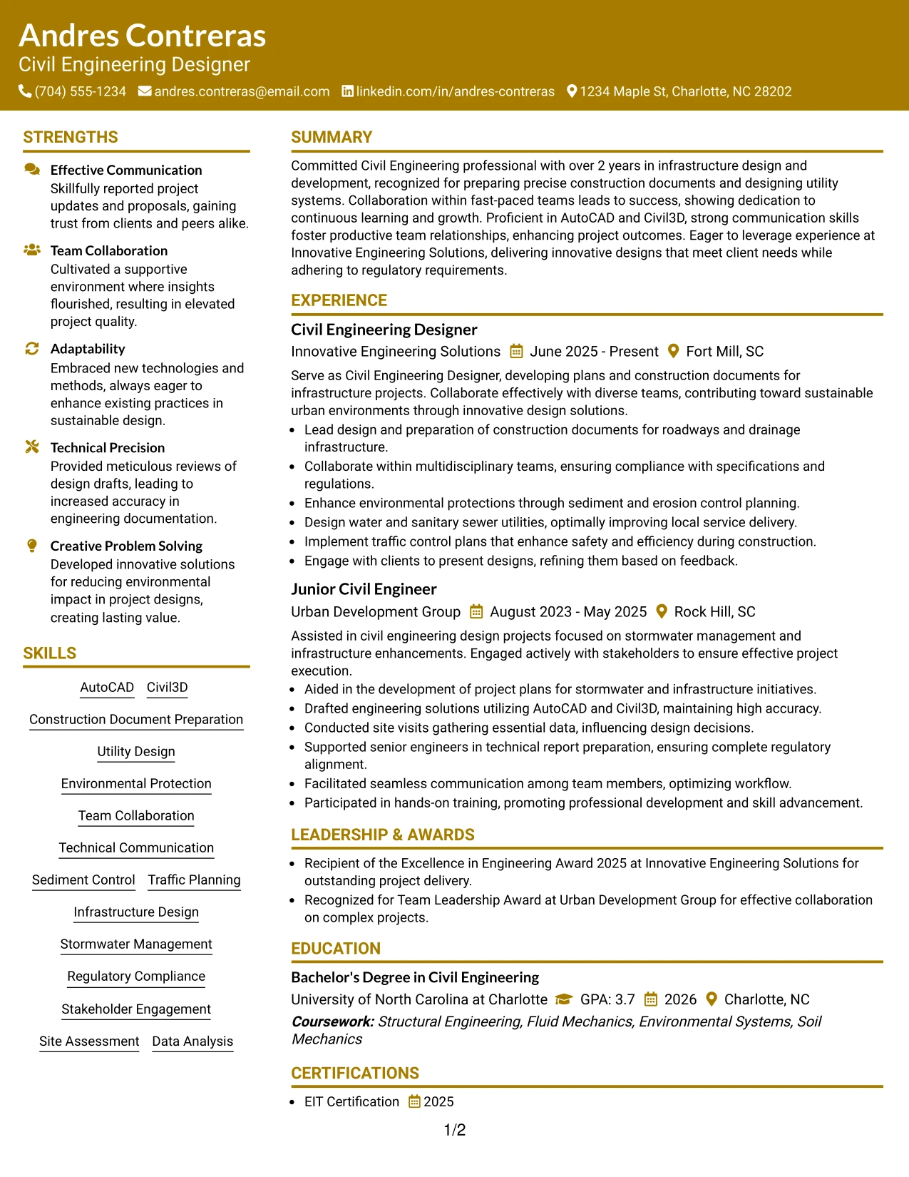 Resume Example Page 1