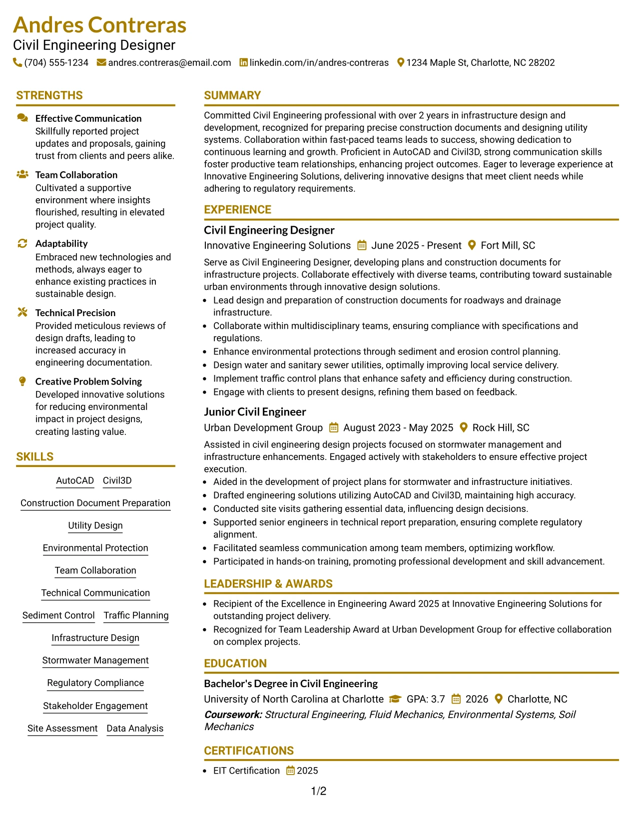 Resume Example Page 1