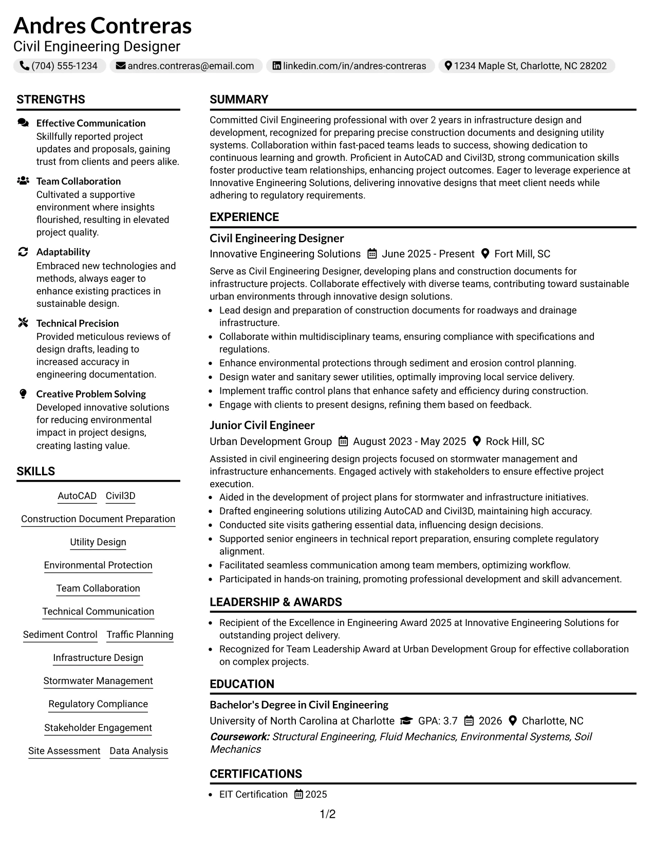 Resume Example Page 1