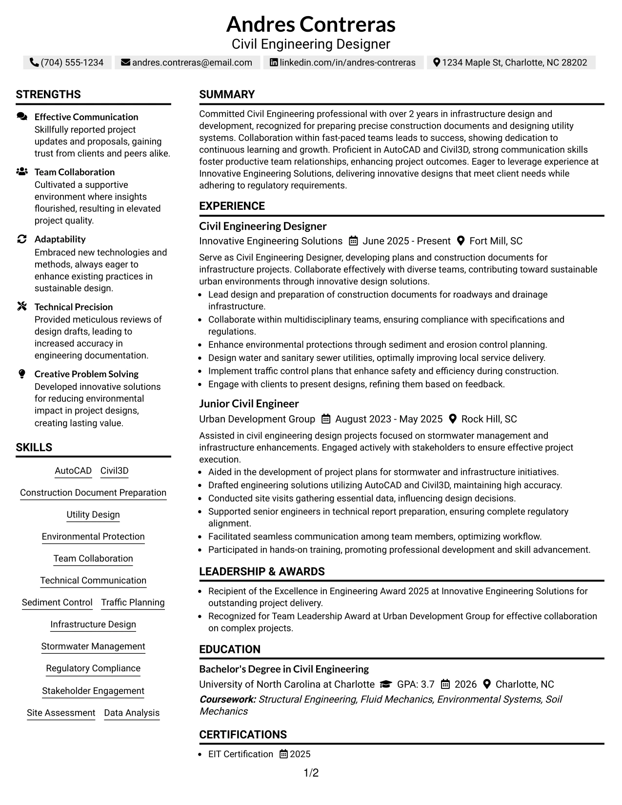 Resume Example Page 1