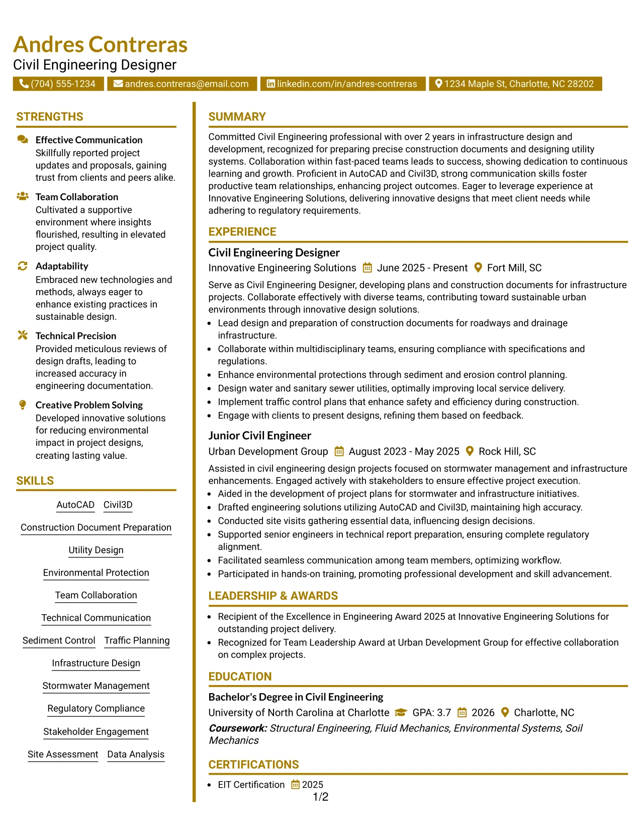Resume Example Page 1