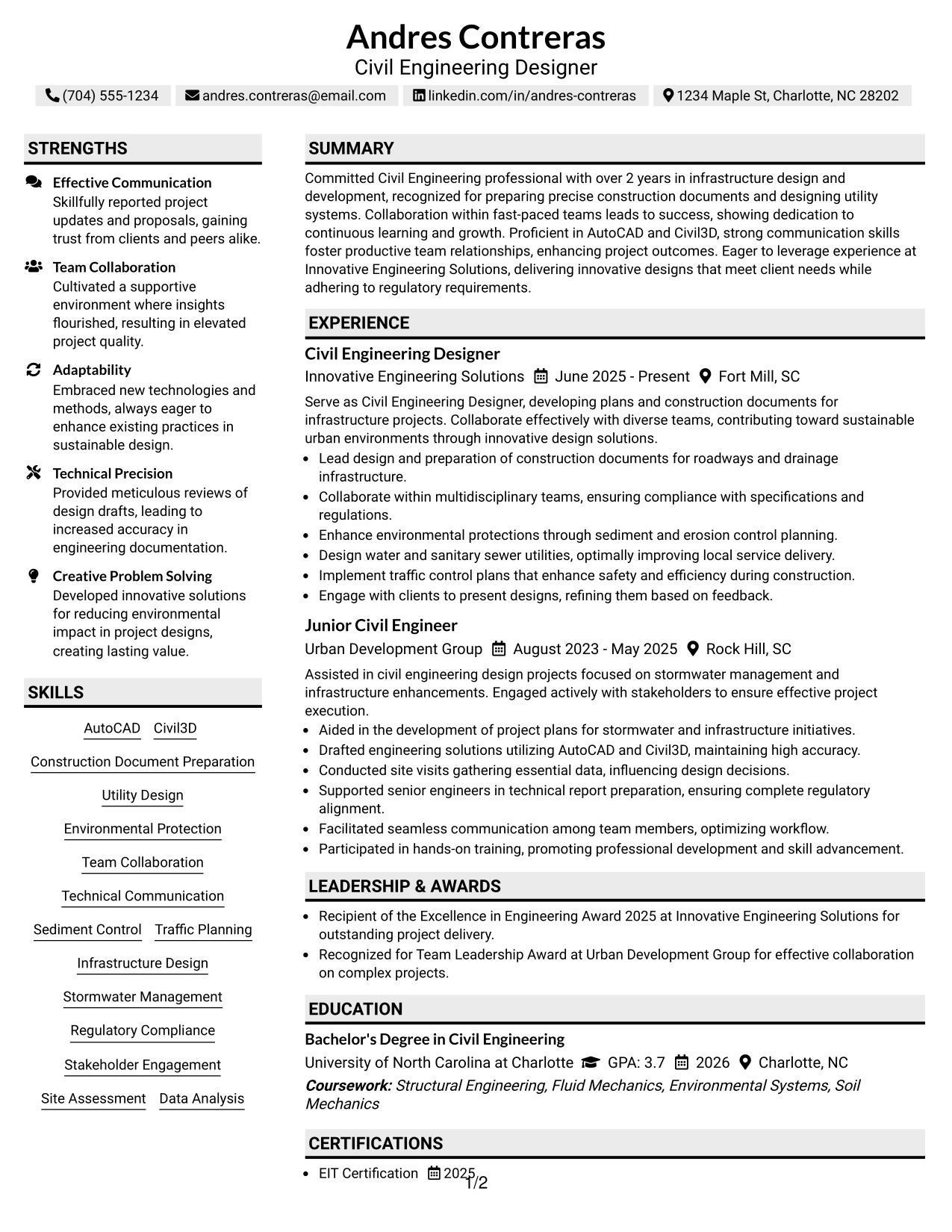 Resume Example Page 1