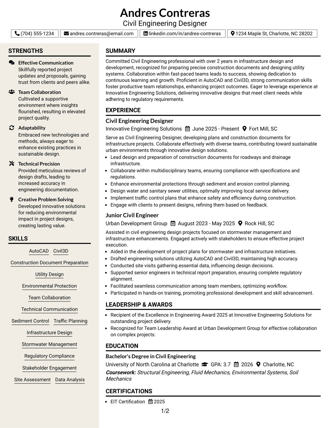 Resume Example Page 1