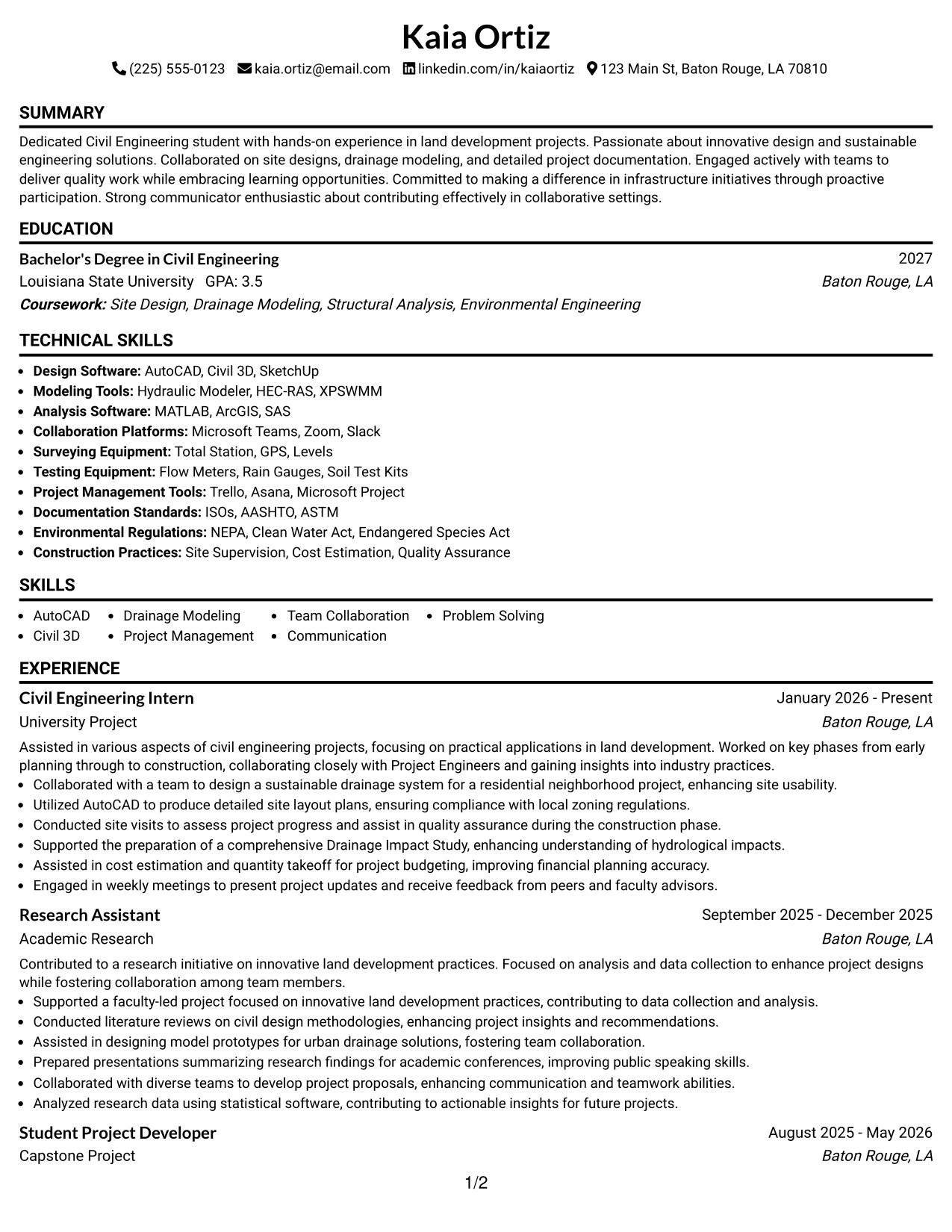 Resume Example Page 1