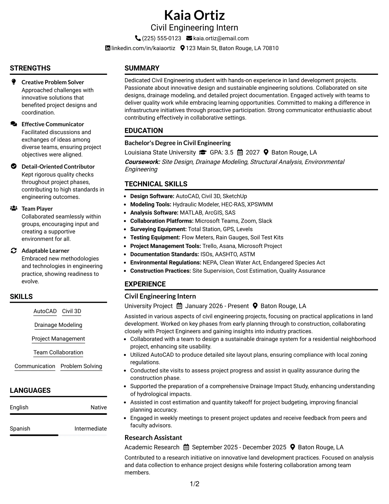Resume Example Page 1