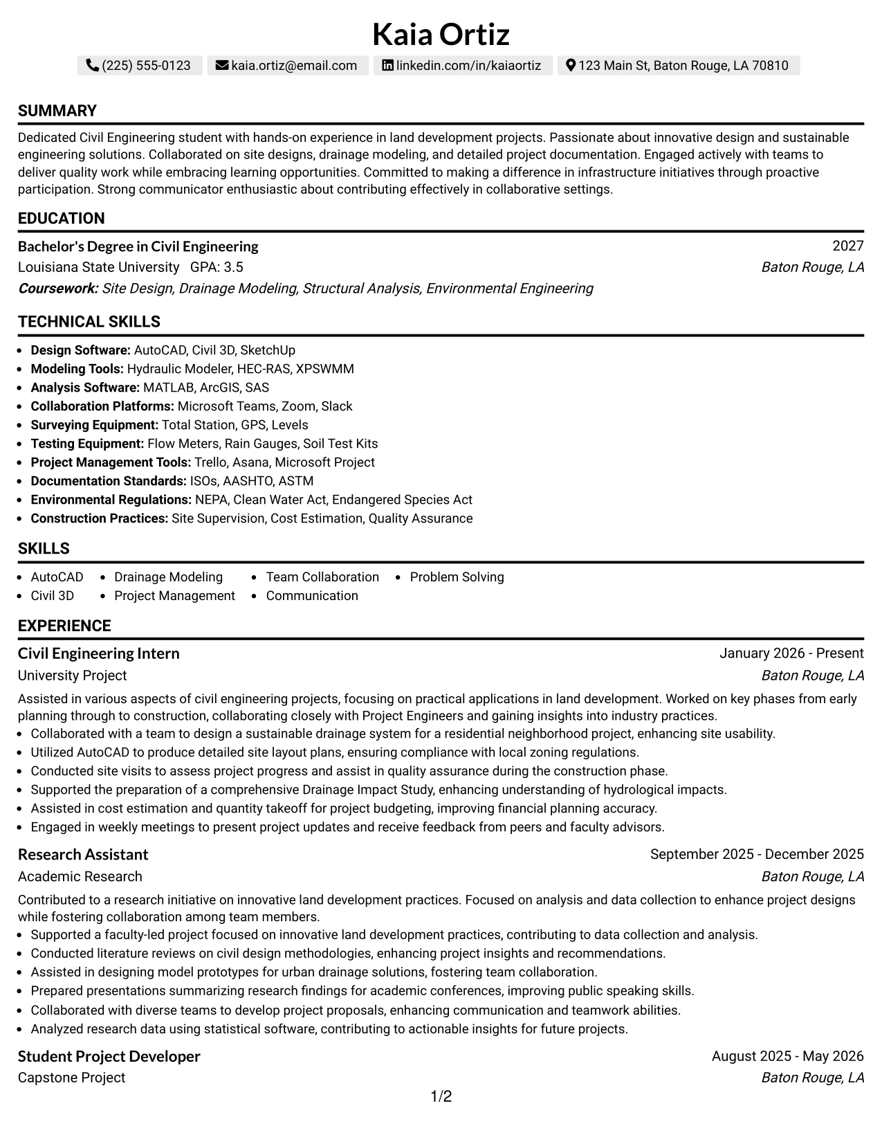 Resume Example Page 1