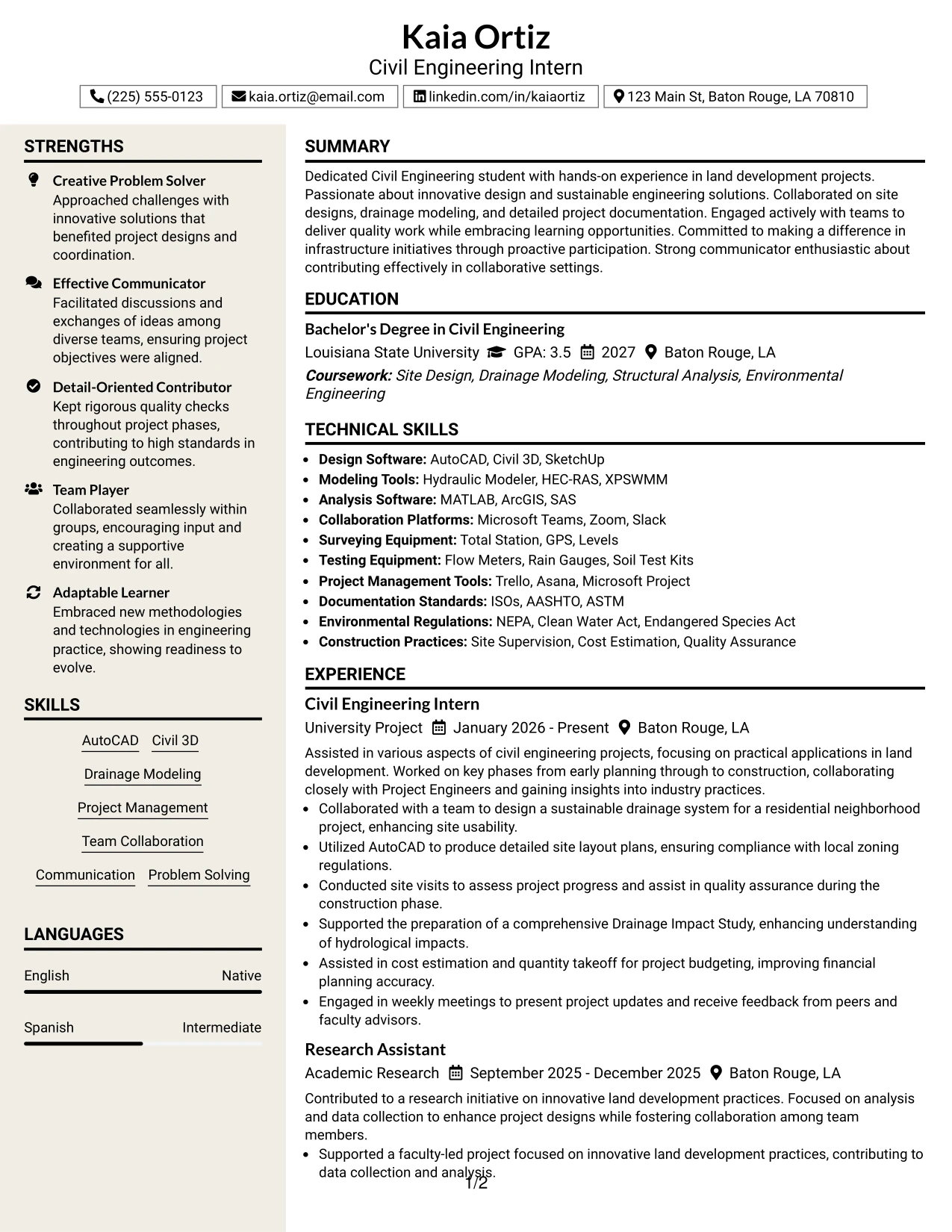 Resume Example Page 1