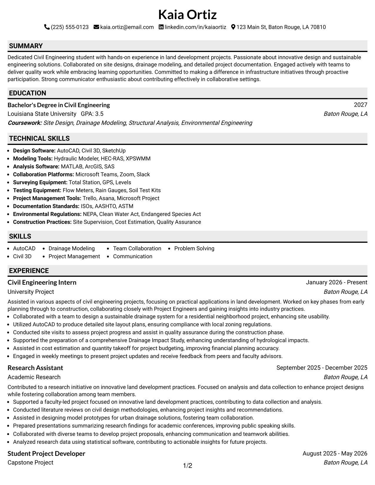 Resume Example Page 1