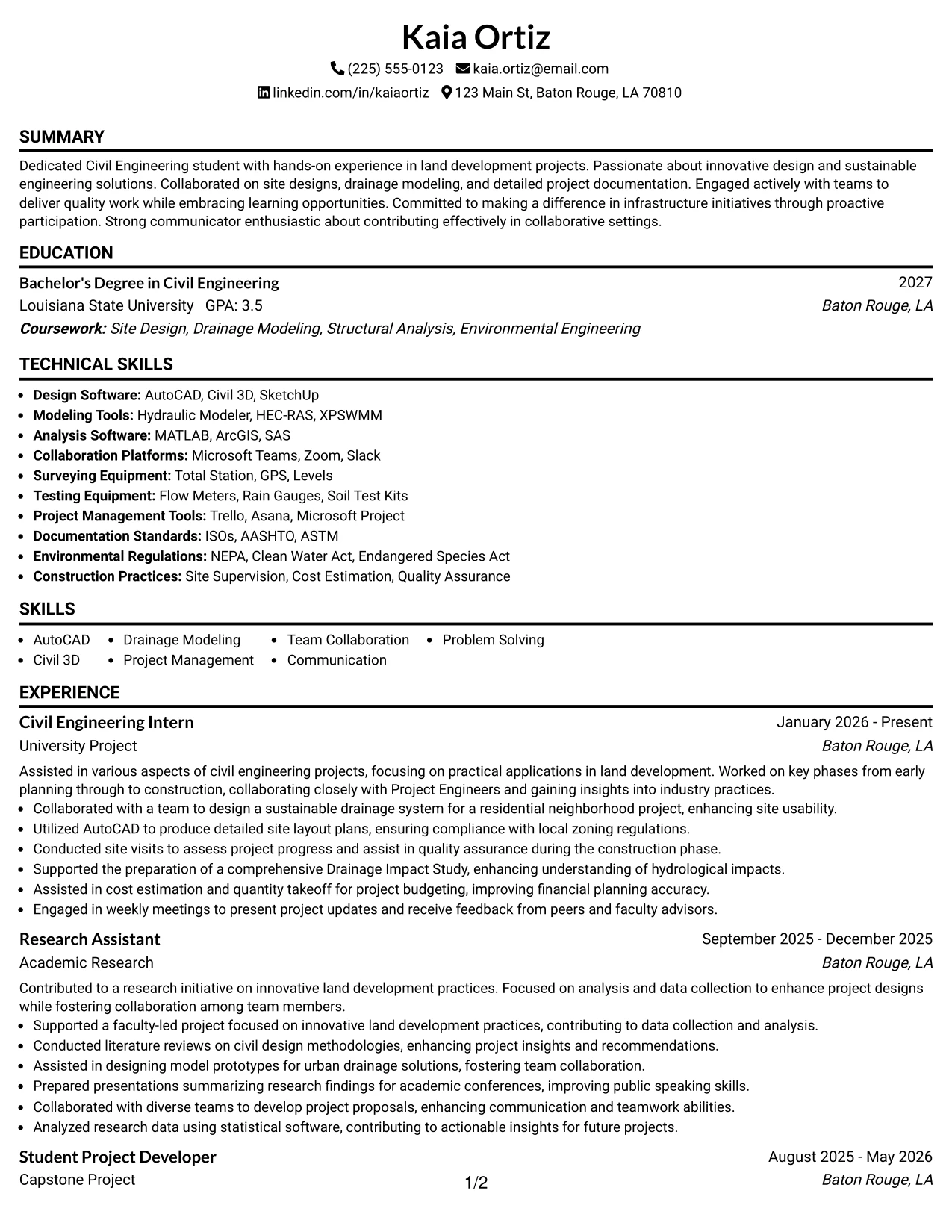 Resume Example Page 1