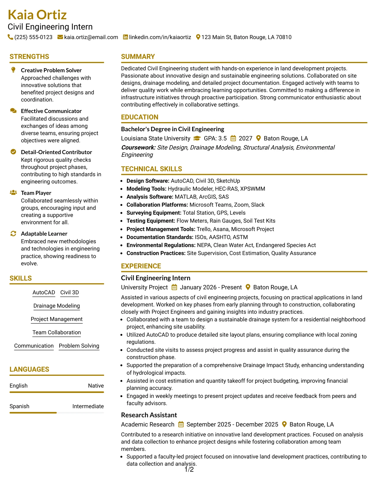Resume Example Page 1
