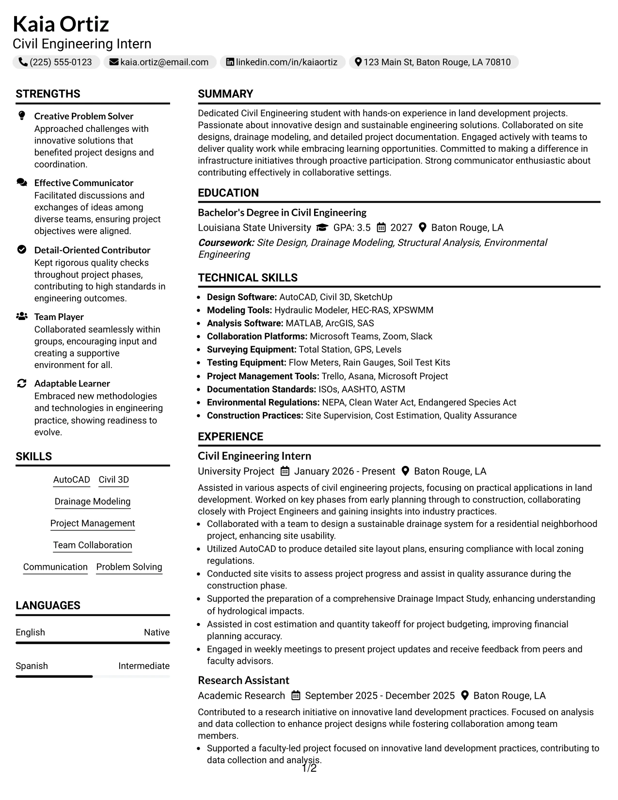 Resume Example Page 1