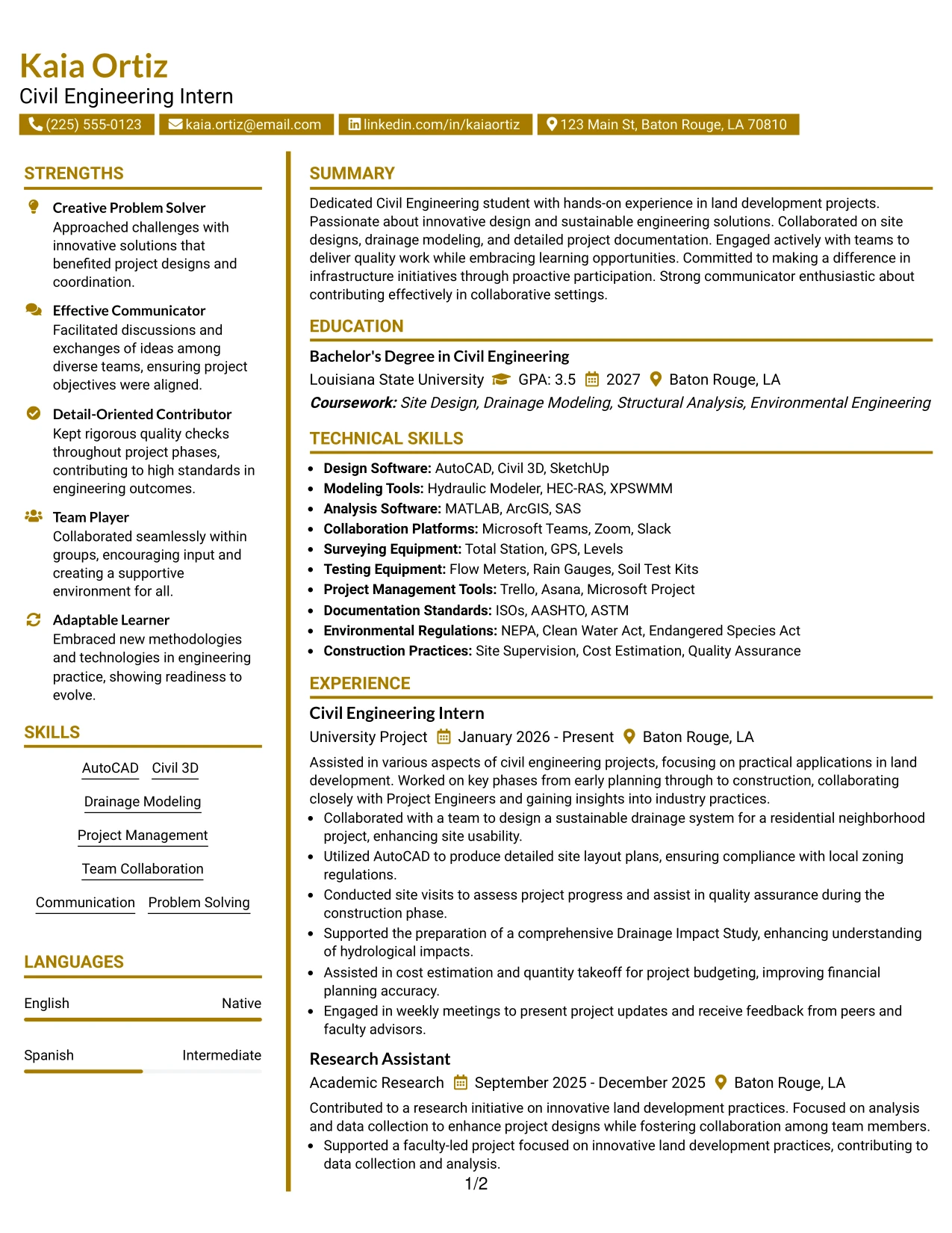 Resume Example Page 1