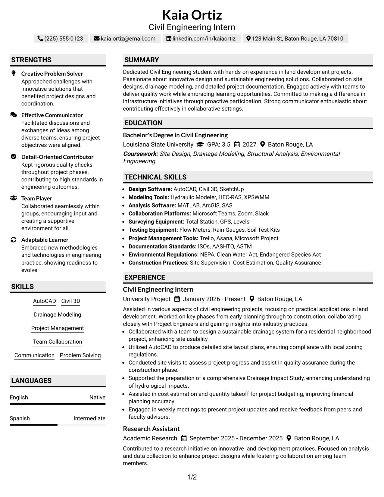 Resume Example Page 1