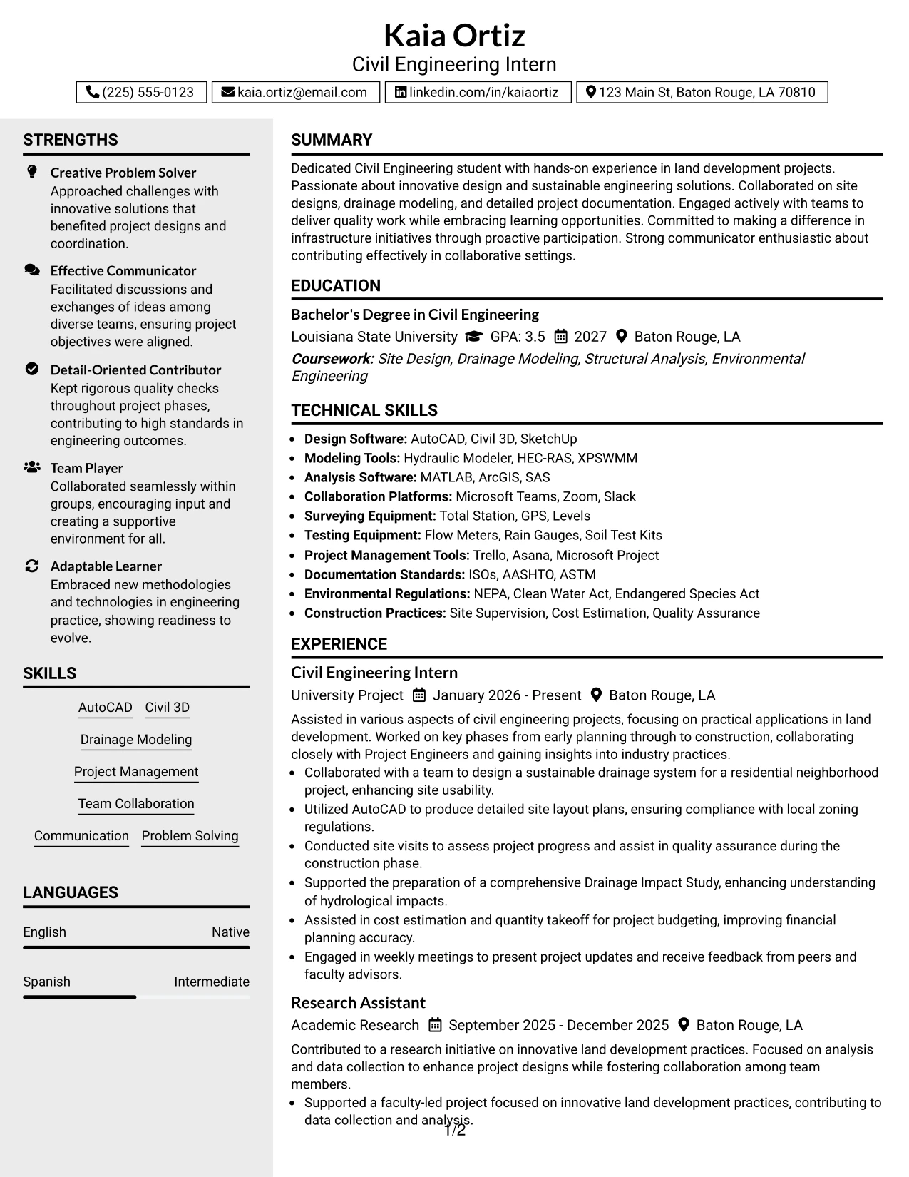 Resume Example Page 1