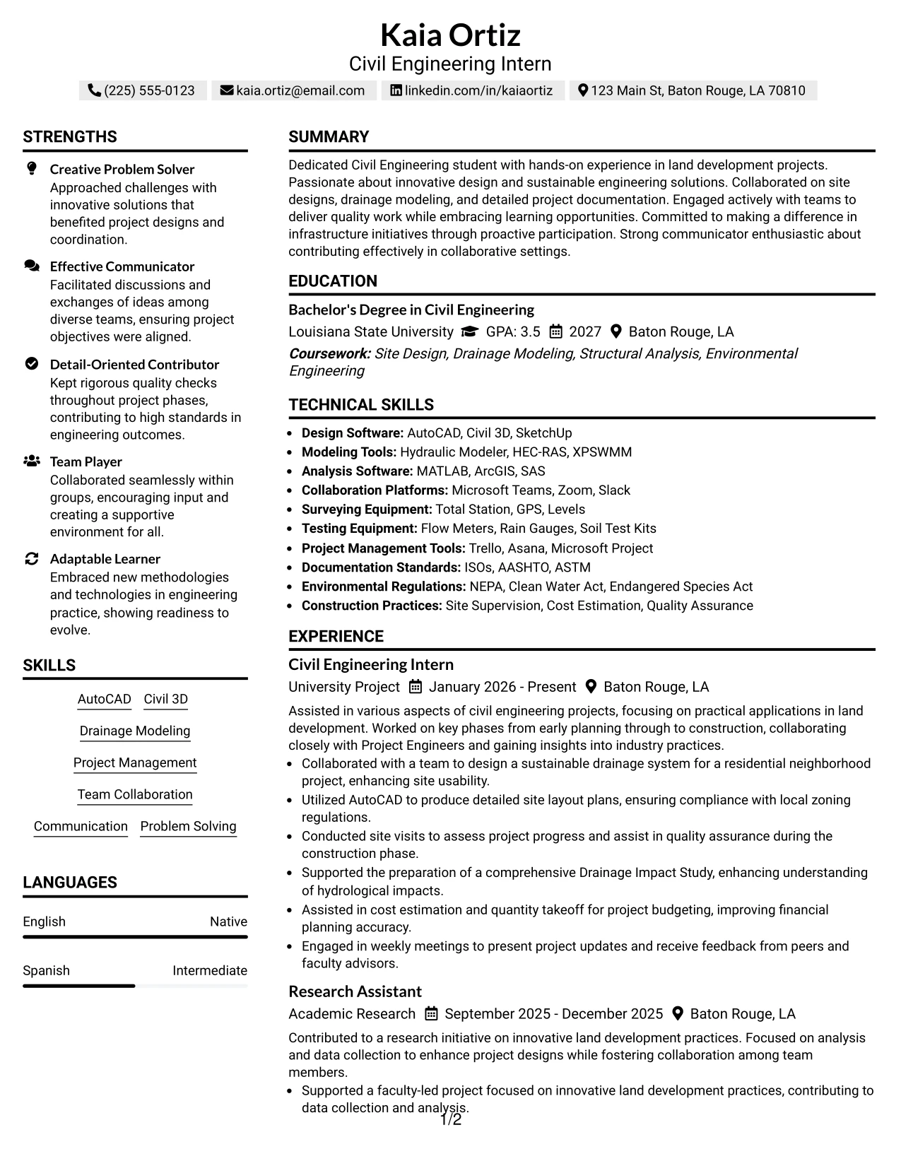 Resume Example Page 1