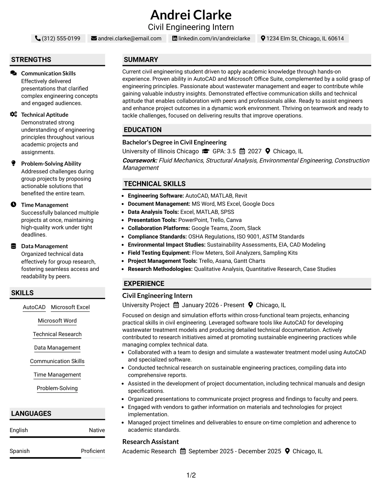 Resume Example Page 1