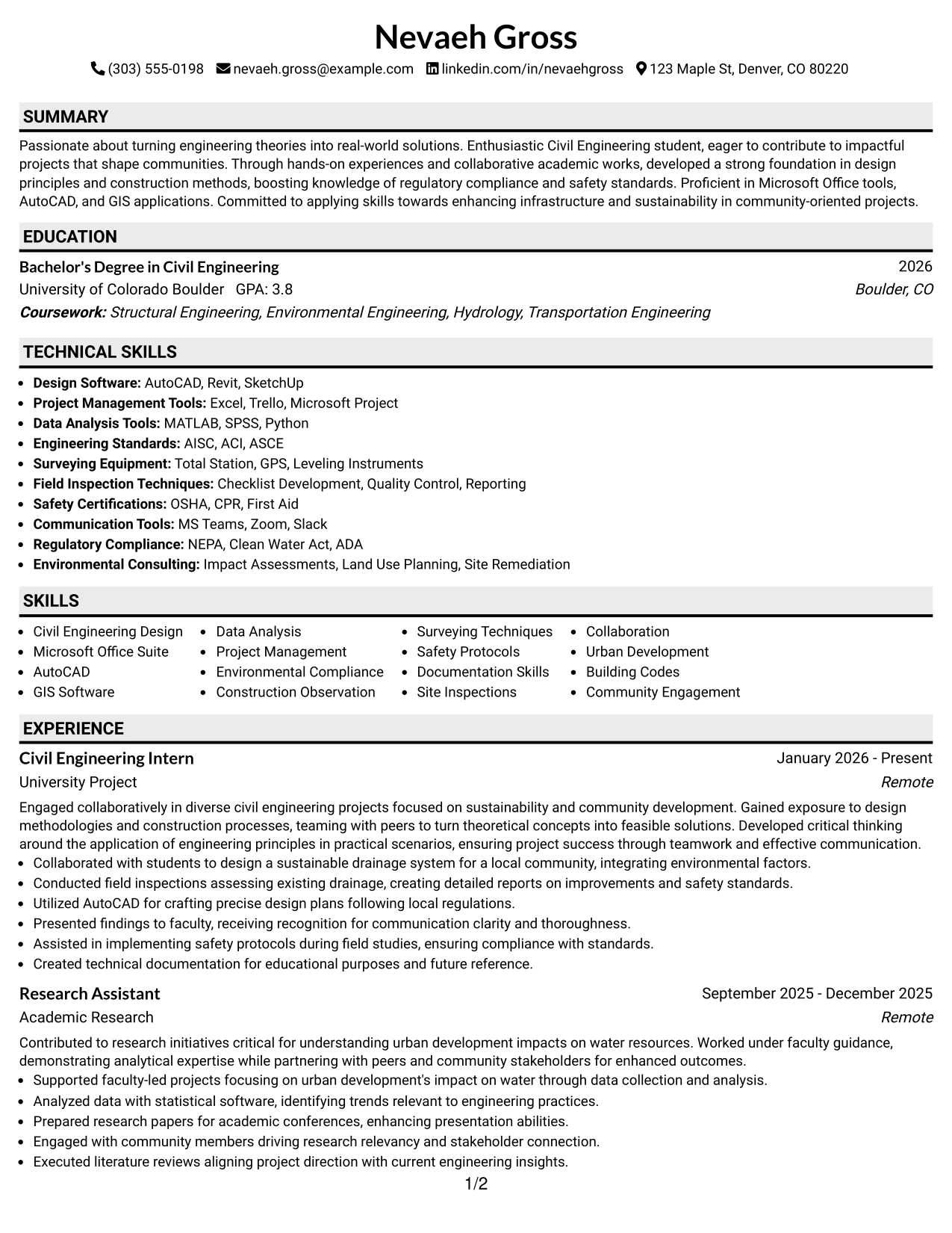 Resume Example Page 1