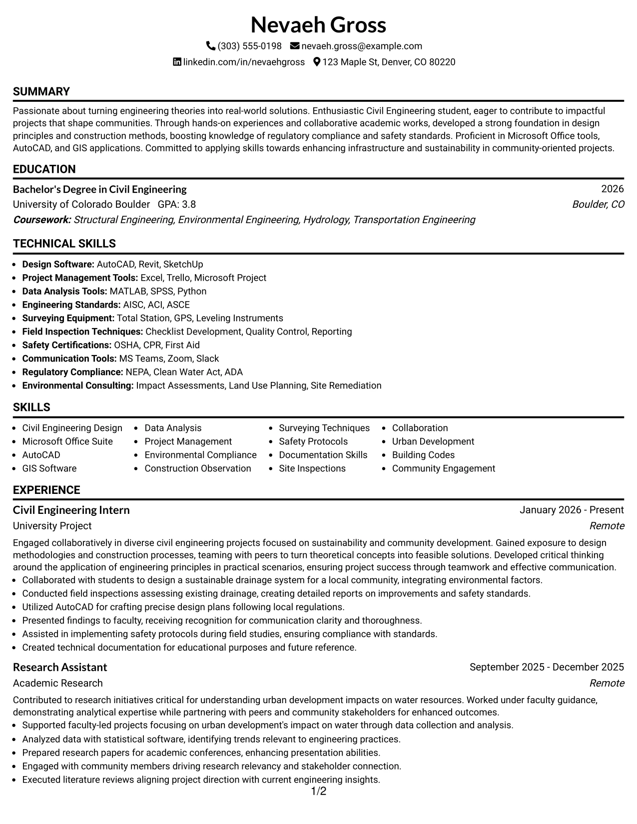 Resume Example Page 1