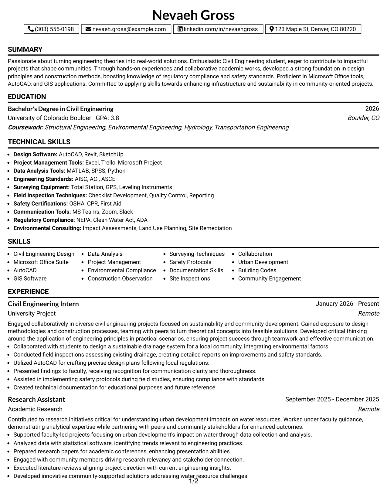 Resume Example Page 1